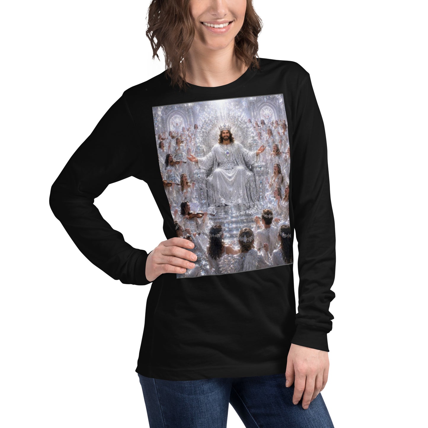 T-shirt unisex a maniche lunghe nero di CORPORATION-86, vista frontale destra con dettaglio di collo e maniche.