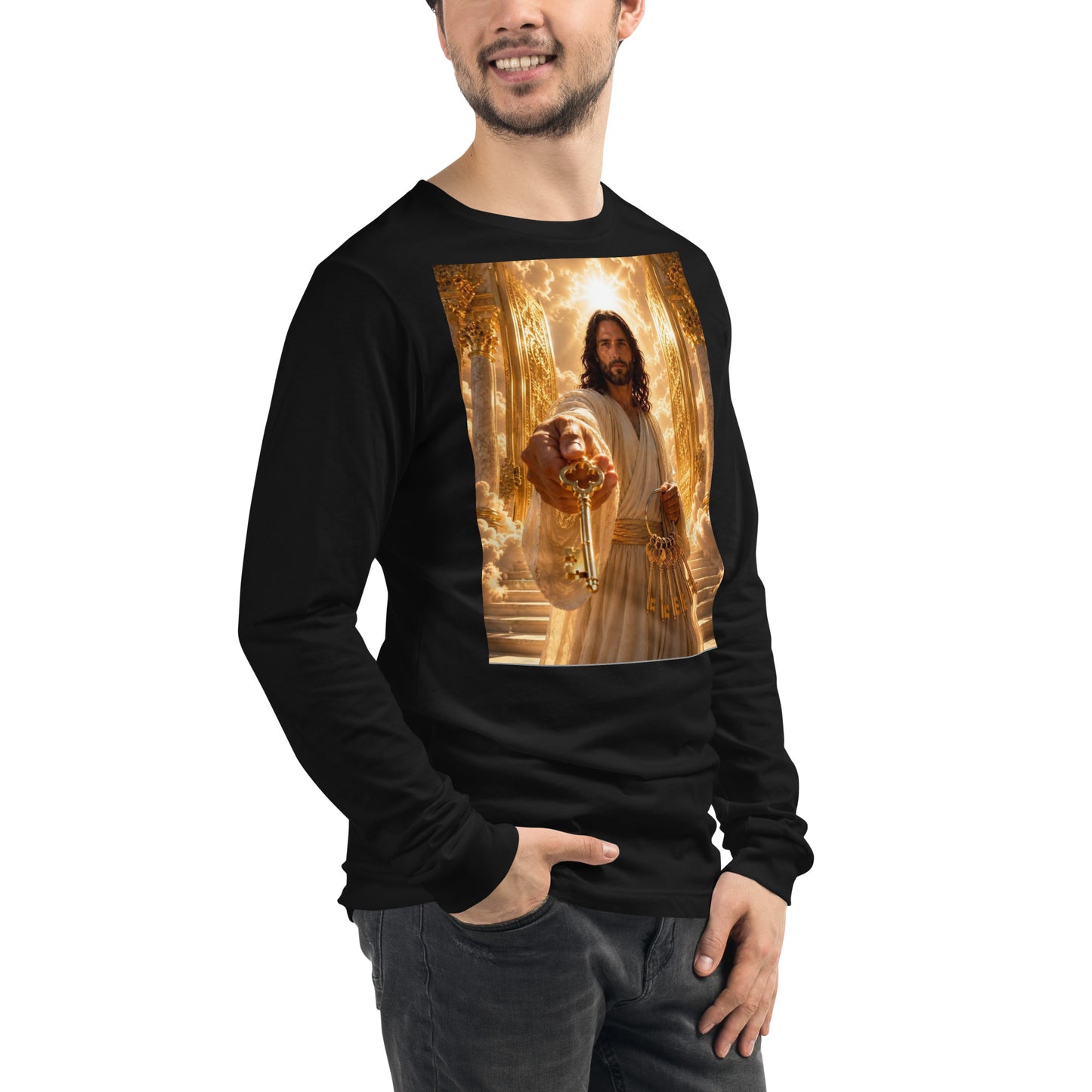 T-shirt unisex a maniche lunghe nero CORPORATION-86, vista frontale destra, tessuto morbido e stile casual.