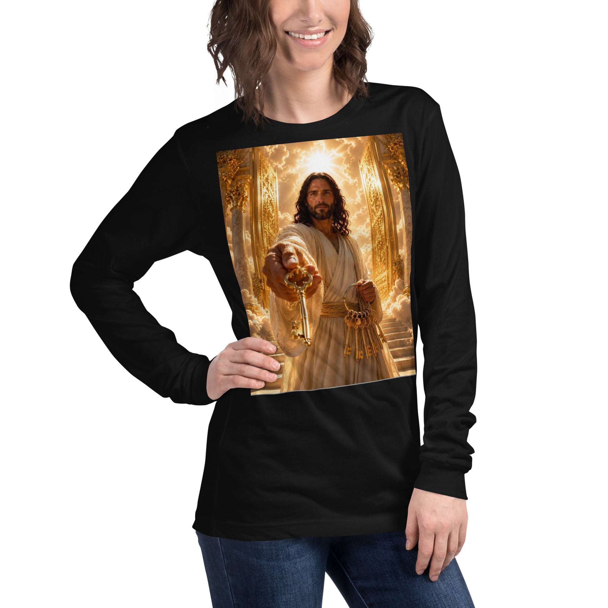 T-shirt unisex a maniche lunghe nero di CORPORATION-86, vista frontale destra, stile casual e moderno.