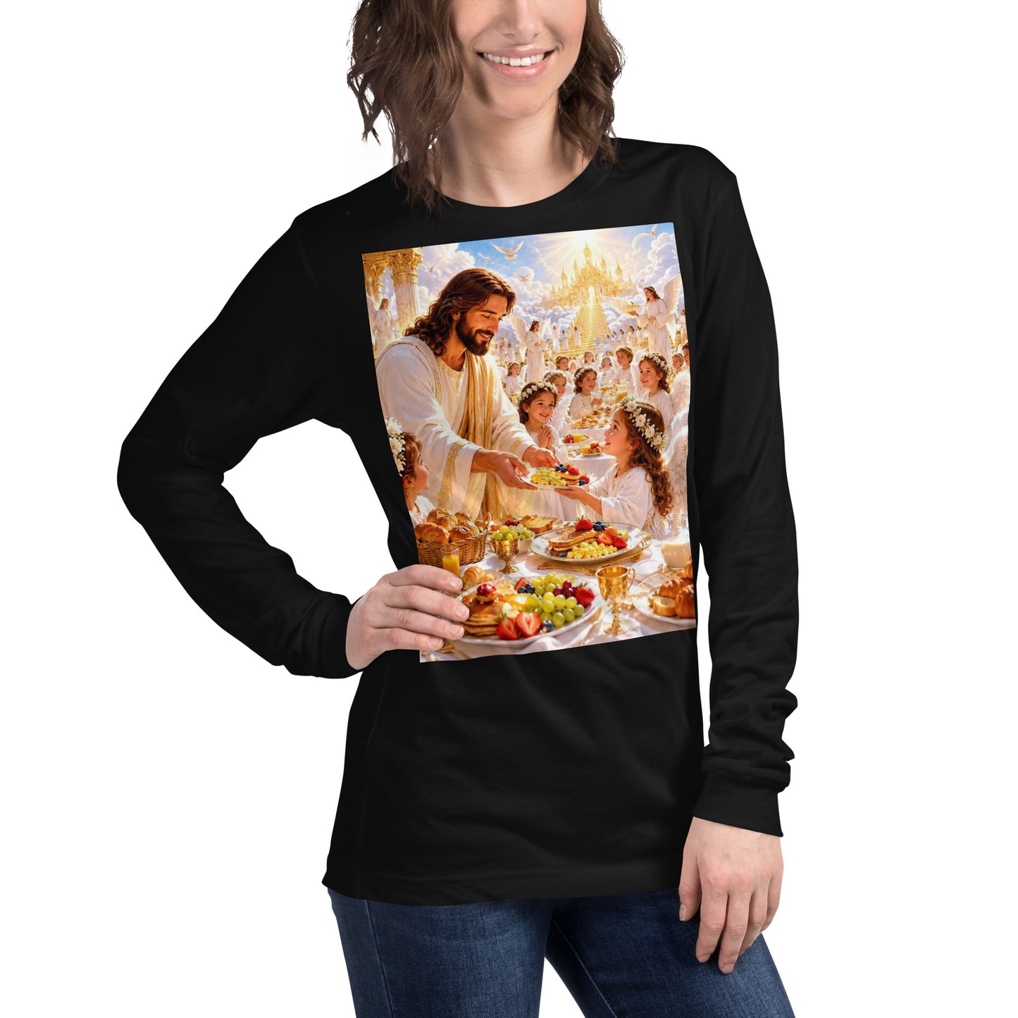 T-shirt unisex a maniche lunghe nero di CORPORATION-86, vista frontale a destra, tessuto morbido e comodo.