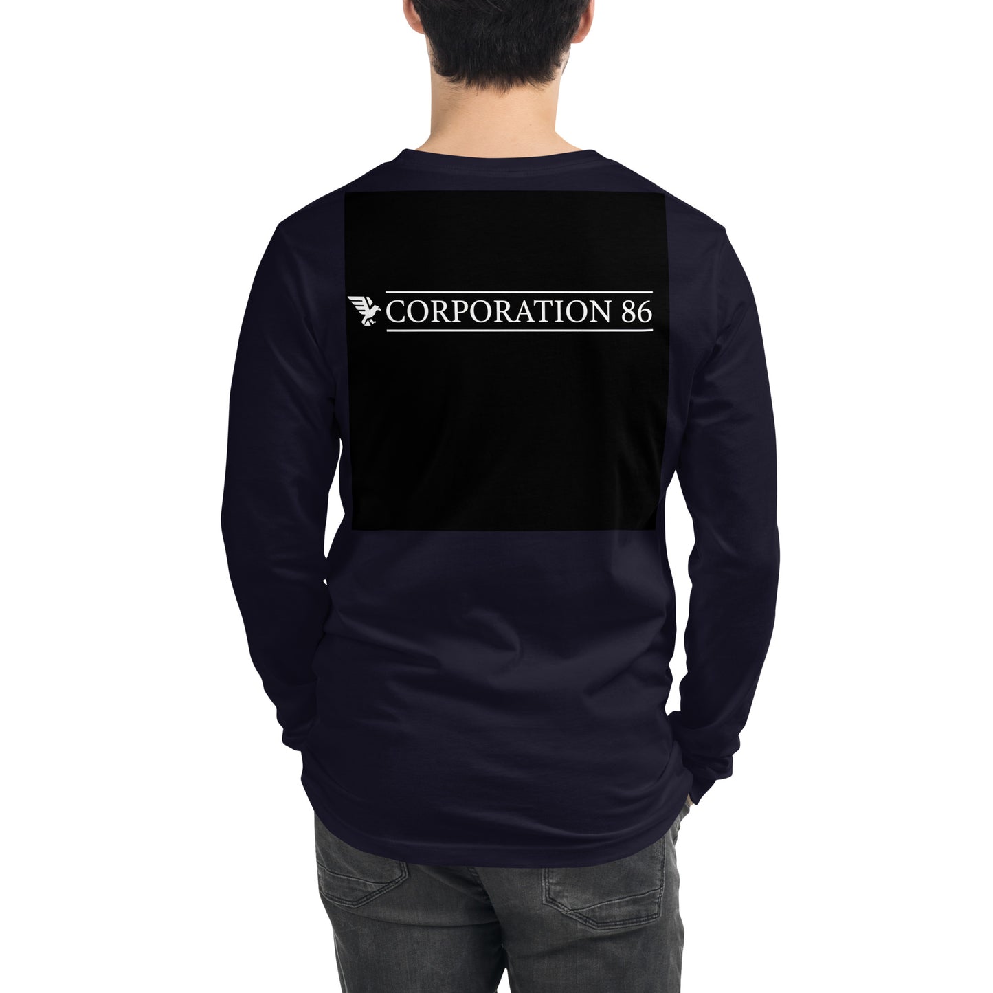 Maglietta a maniche lunghe unisex CORPORATION-86 color navy vista da dietro, morbida e comoda in tessuto di alta qualità.