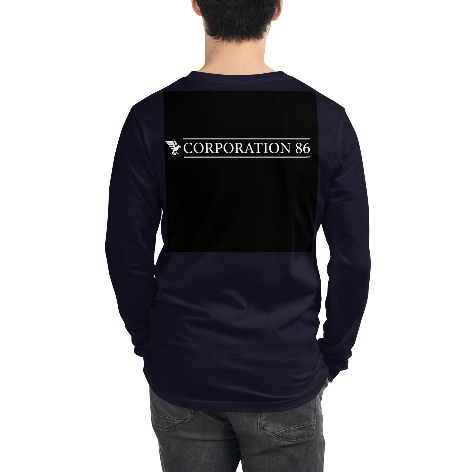 Maglietta a maniche lunghe unisex CORPORATION-86 color navy vista da dietro, morbida e comoda in tessuto di alta qualità.