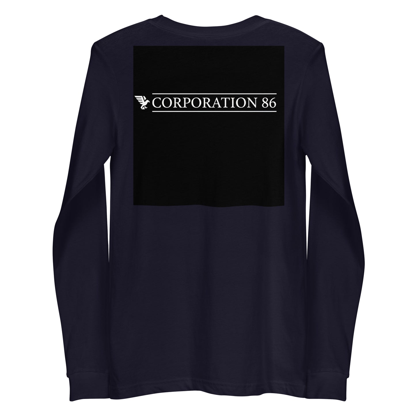 T-shirt unisex a maniche lunghe CORPORATION-86 color navy, vista posteriore, tessuto morbido e comodo.