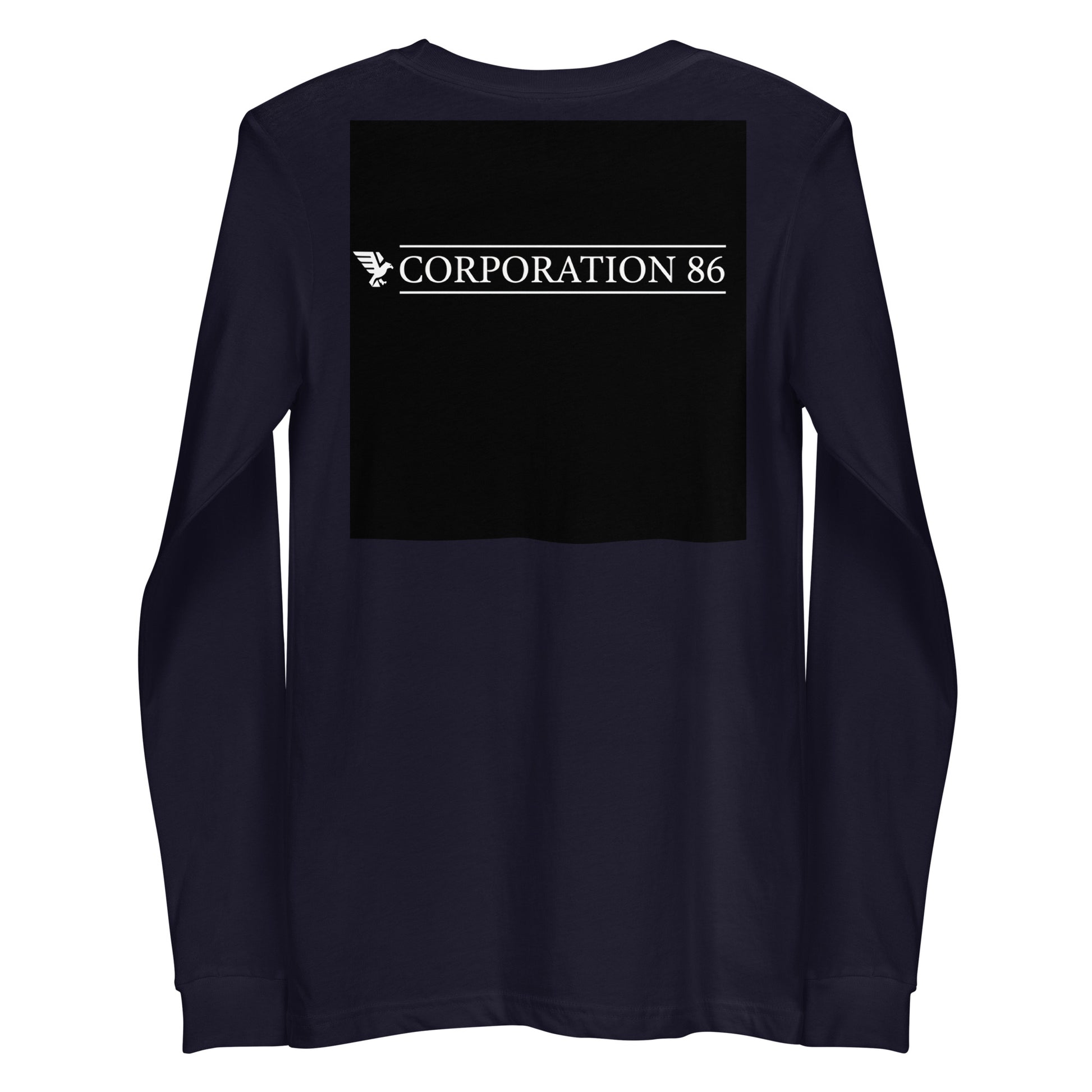 T-shirt unisex a maniche lunghe CORPORATION-86 color navy, vista posteriore, tessuto morbido e comodo.