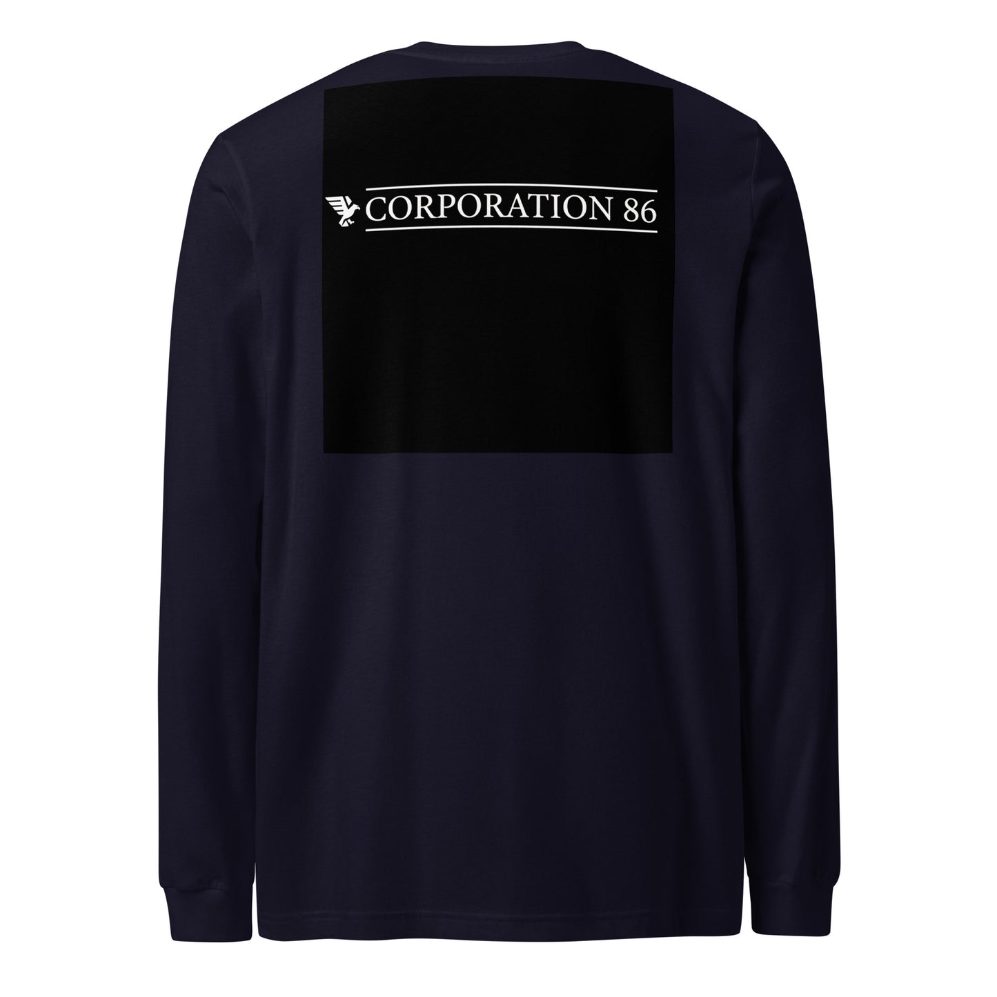 T-shirt unisex a maniche lunghe CORPORATION-86 in blu navy, vista posteriore, tessuto morbido e comodo.