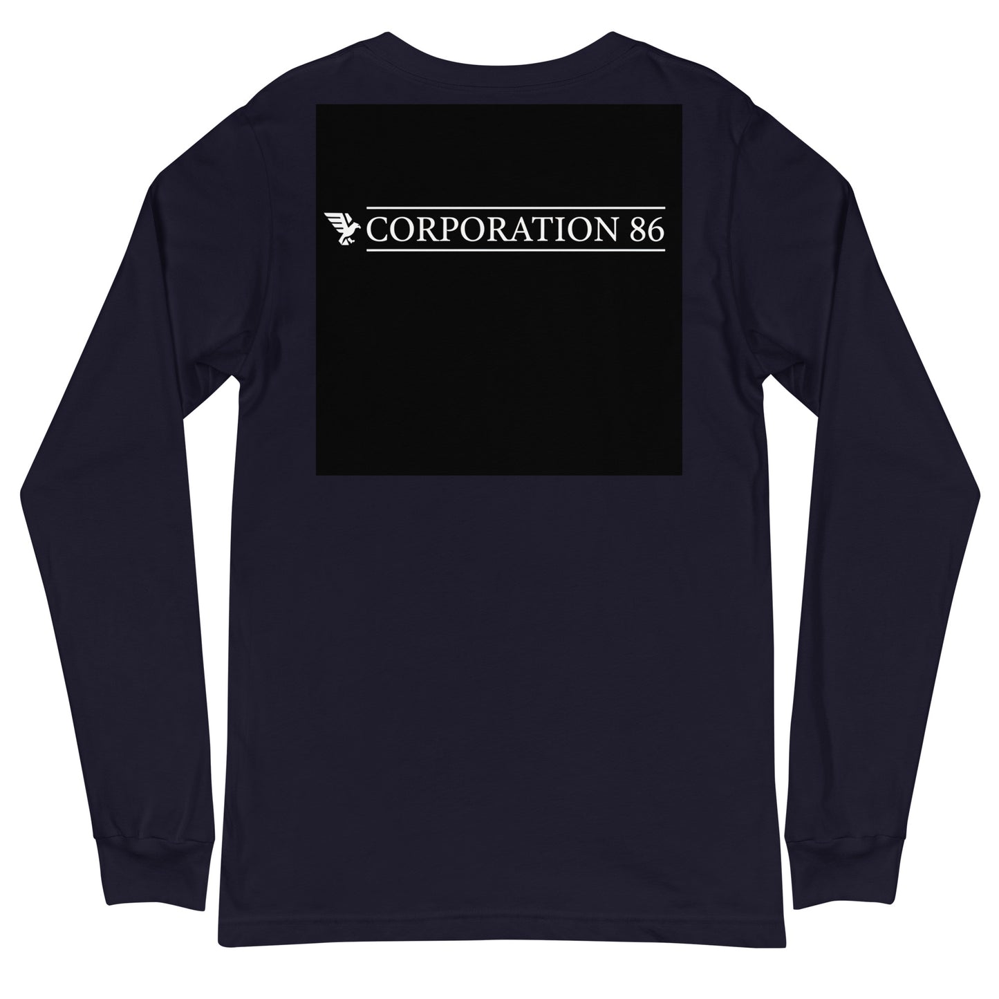 Maglietta unisex a maniche lunghe CORPORATION-86 di colore blu navy, vista frontale e retro, tessuto morbido e confortevole.