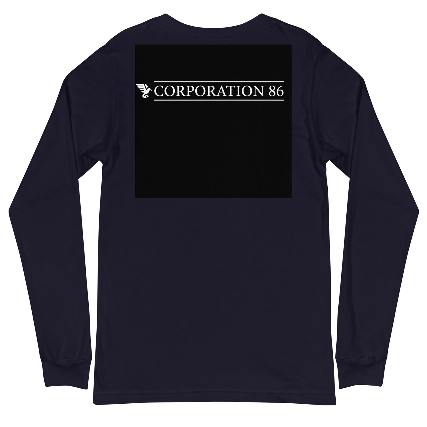 Maglietta a maniche lunghe unisex CORPORATION-86 color navy, vista posteriore, tessuto morbido e comfort quotidiano.