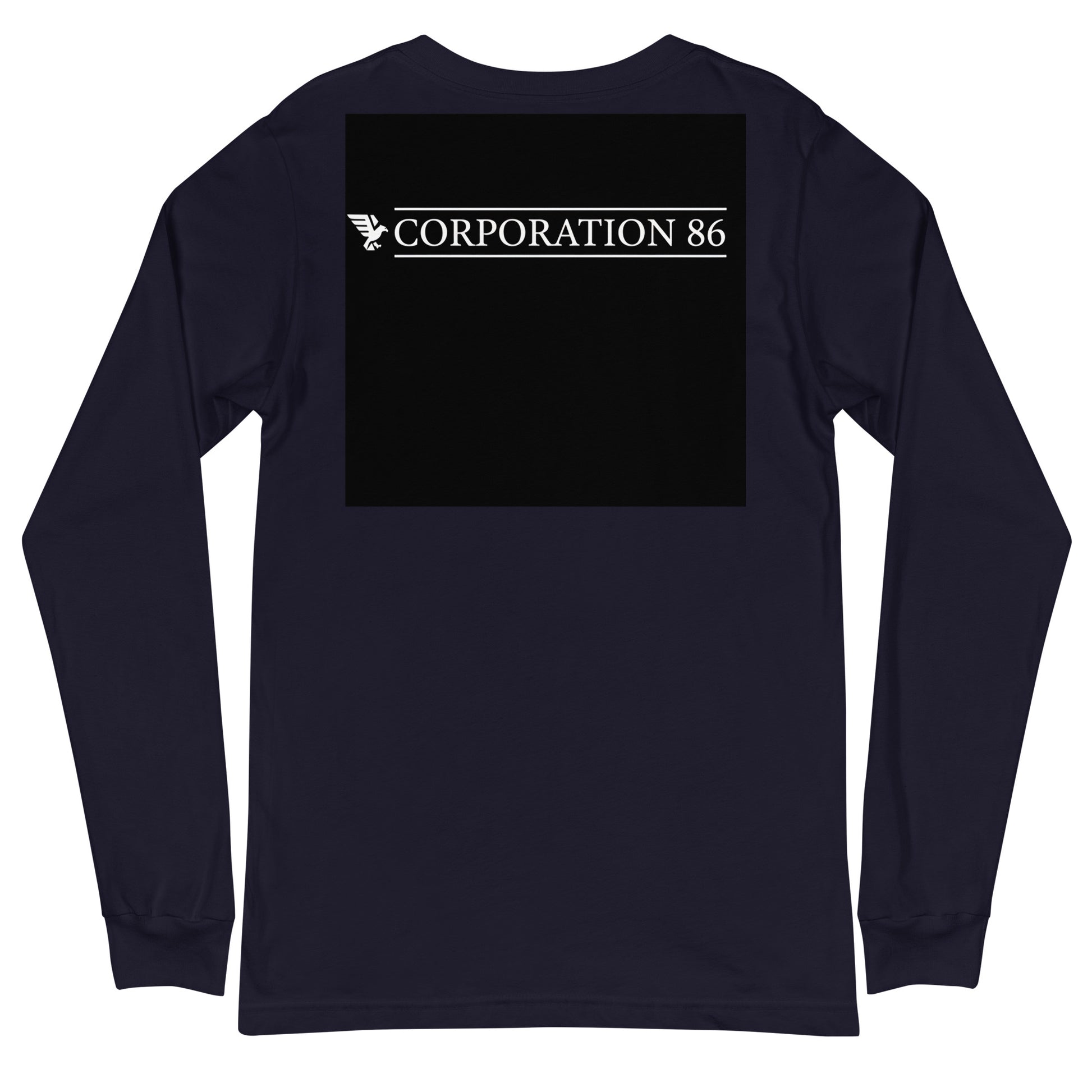 Maglietta a maniche lunghe unisex CORPORATION-86 color navy, vista posteriore, tessuto morbido e comfort quotidiano.
