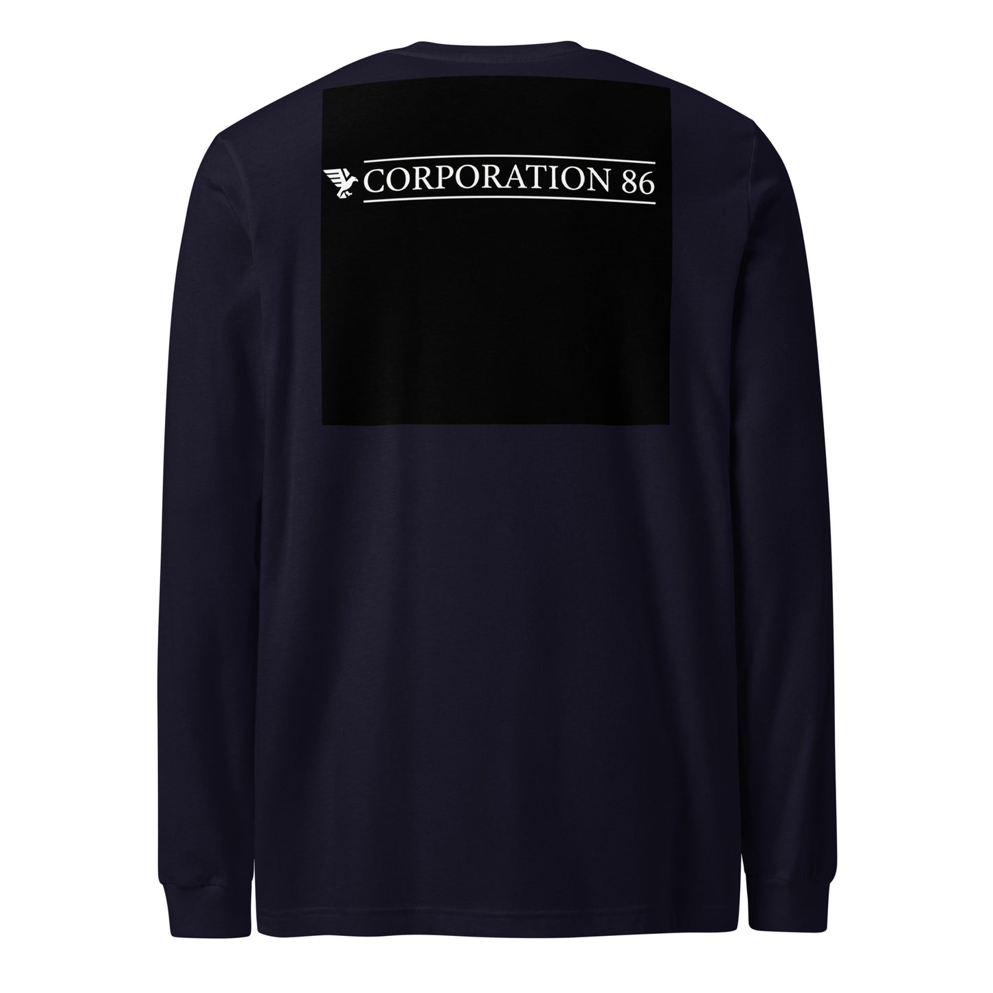 Maglietta unisex a manica lunga CORPORATION-86 in blu navy vista da dietro, morbida e comoda, con stampa sul retro.