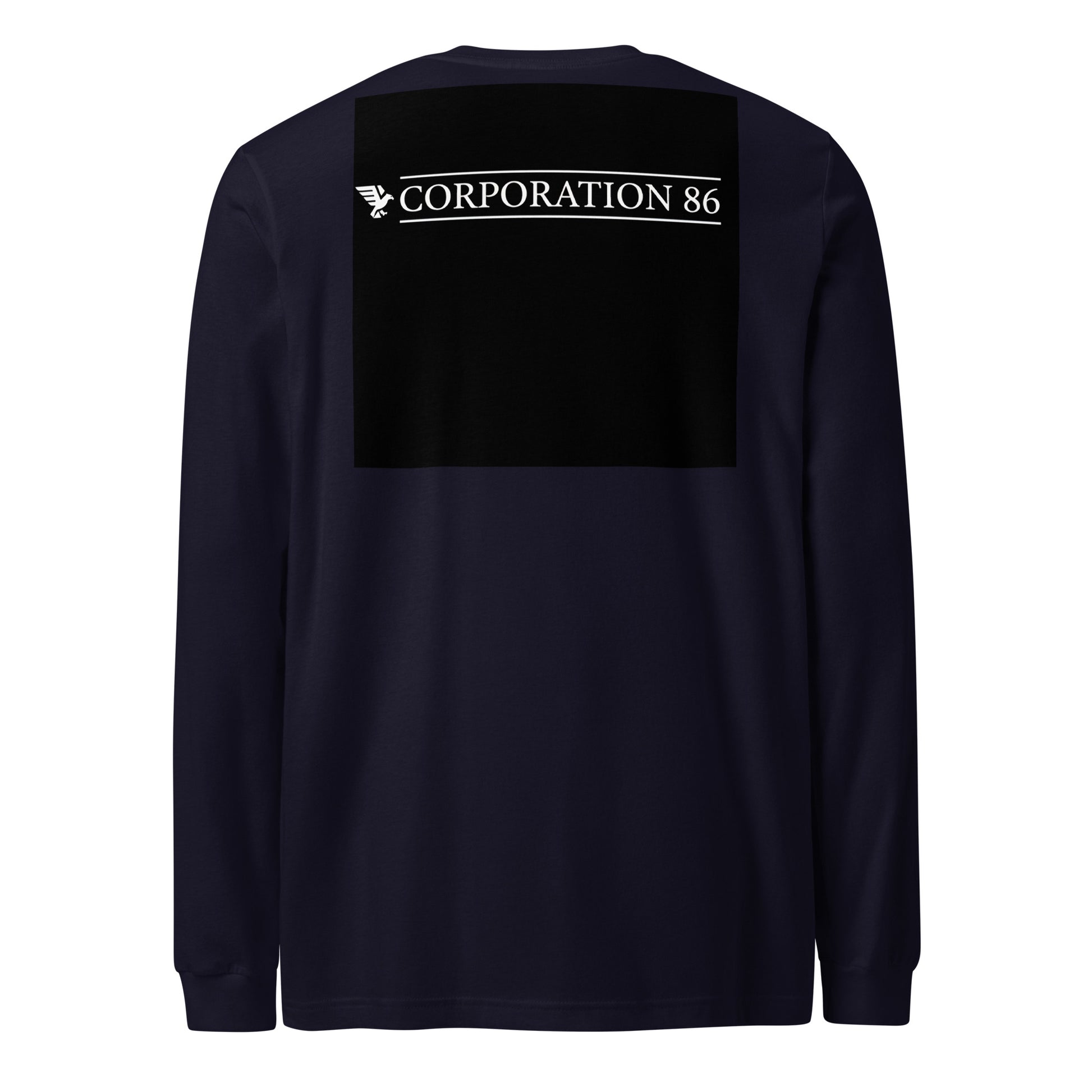 Maglietta unisex a manica lunga CORPORATION-86 in blu navy vista da dietro, morbida e comoda, con stampa sul retro.