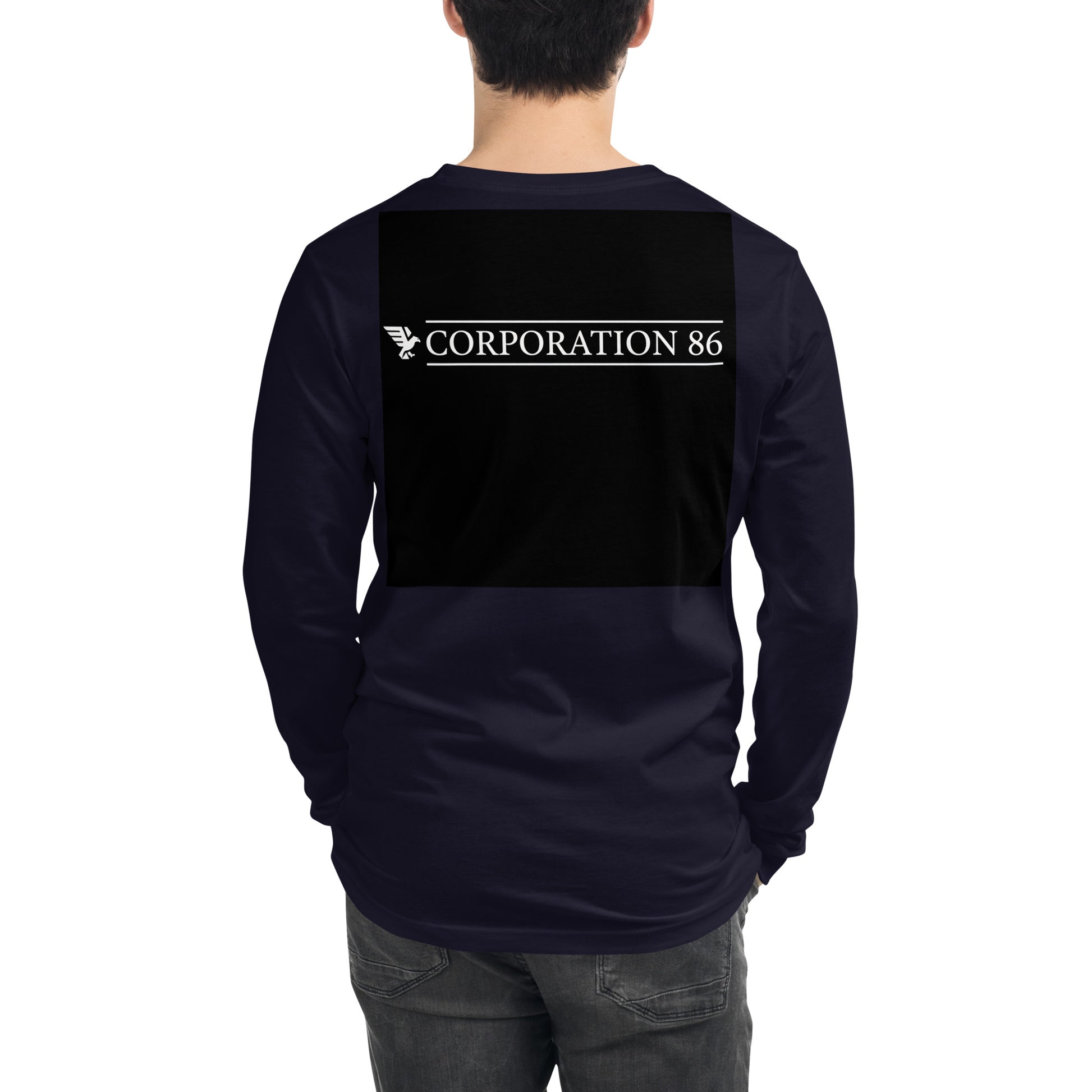 Maglietta unisex a maniche lunghe CORPORATION-86 in blu navy, vista posteriore, tessuto morbido e comodo.