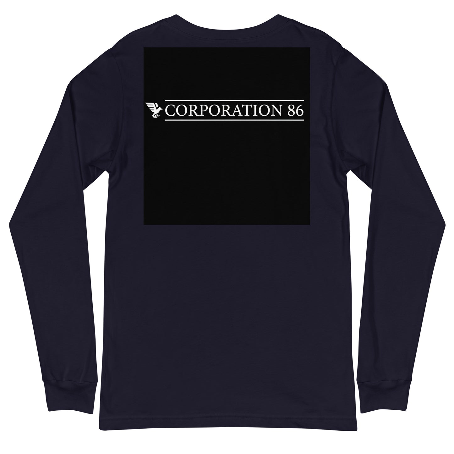 Maglietta a maniche lunghe unisex CORPORATION-86 blu navy, vista posteriore, tessuto morbido e comodo.