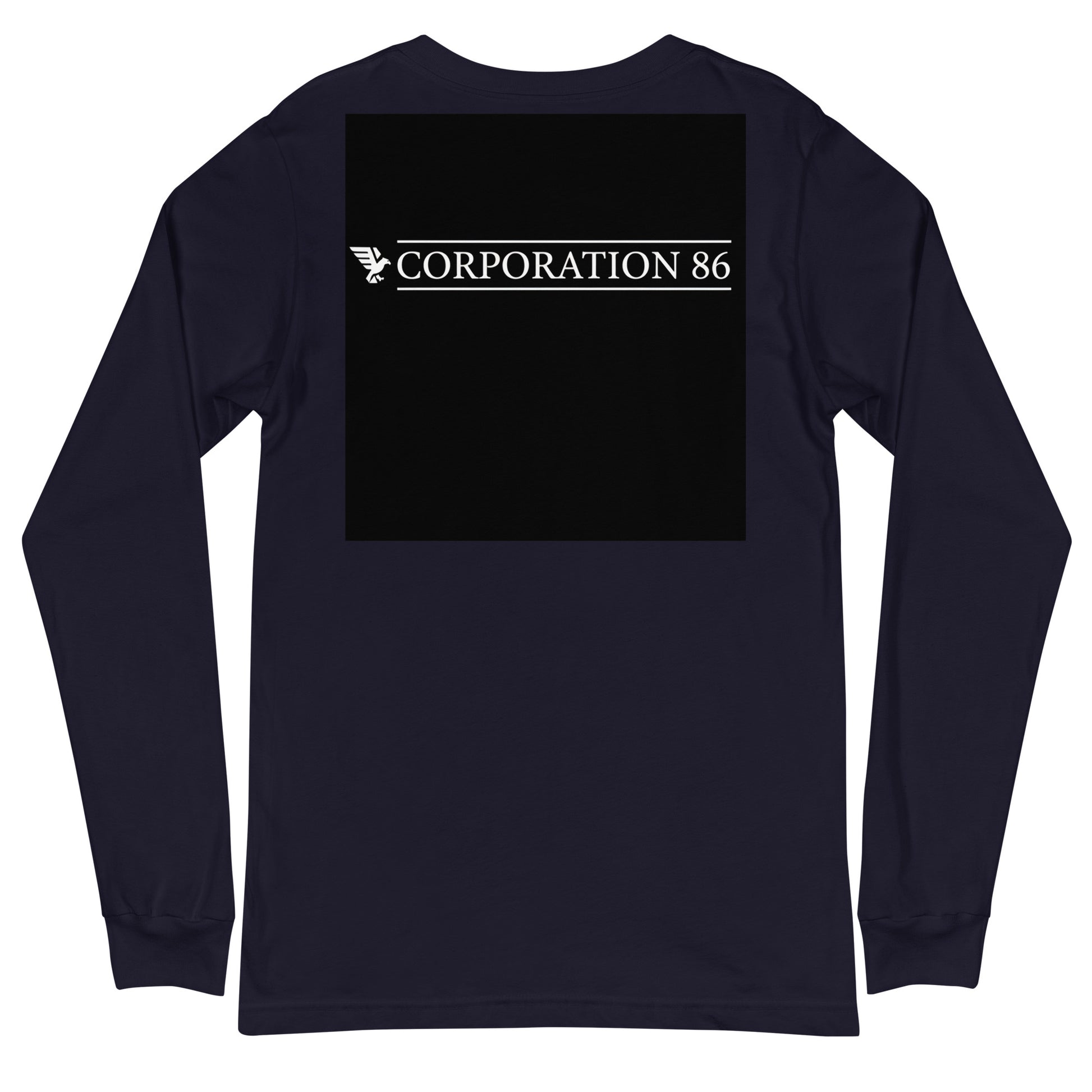 Maglietta a maniche lunghe unisex CORPORATION-86 blu navy, vista posteriore, tessuto morbido e comodo.