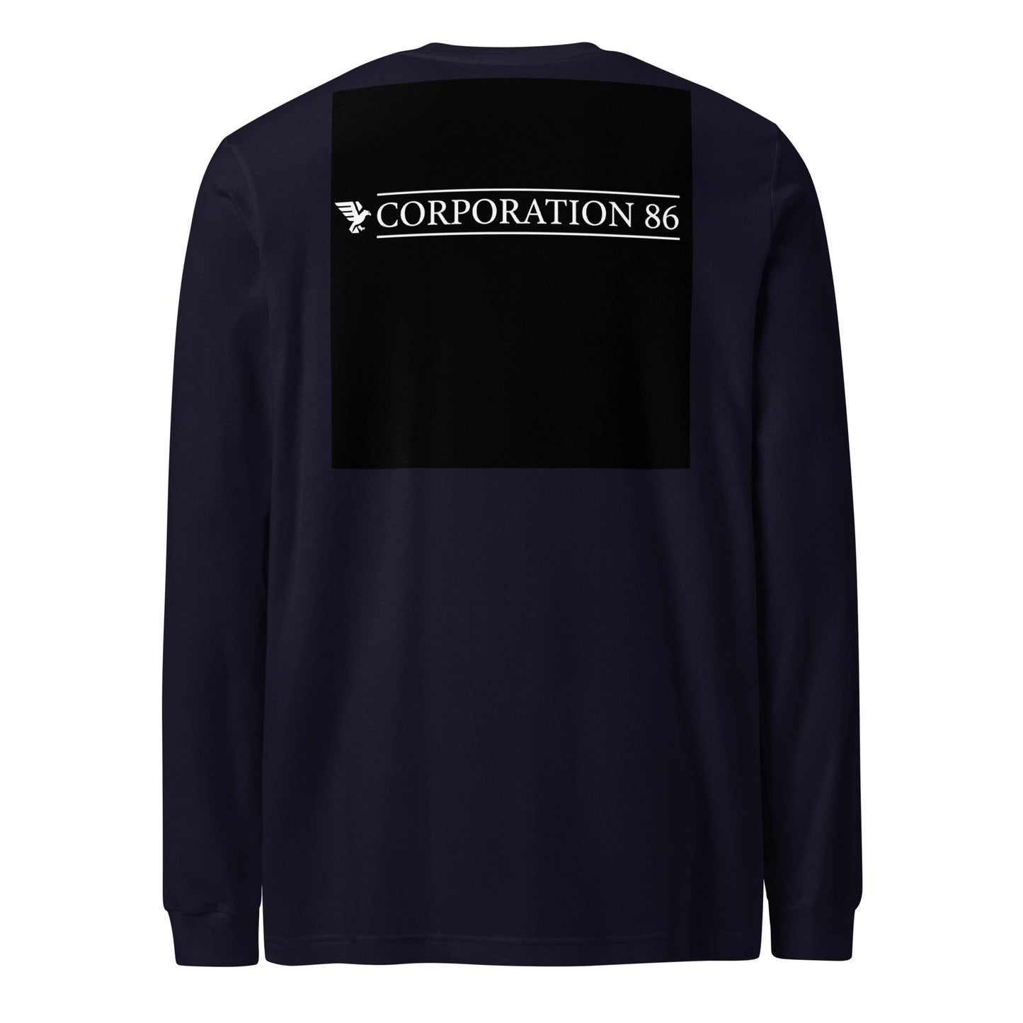 T-shirt unisex a maniche lunghe CORPORATION-86 blu navy, vista posteriore, tessuto morbido e comodo.