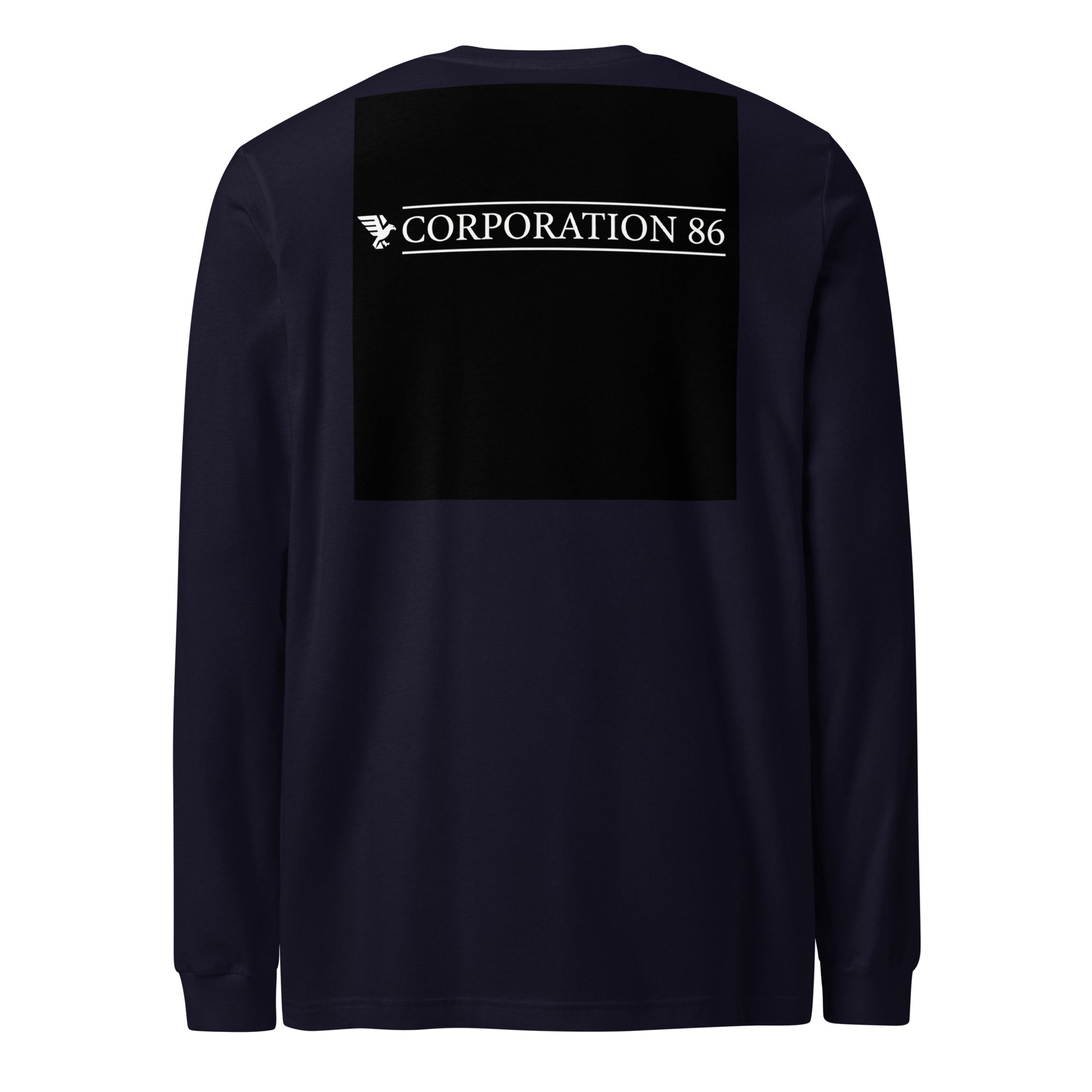 T-shirt unisex a maniche lunghe CORPORATION-86 blu navy, vista posteriore, tessuto morbido e comodo.