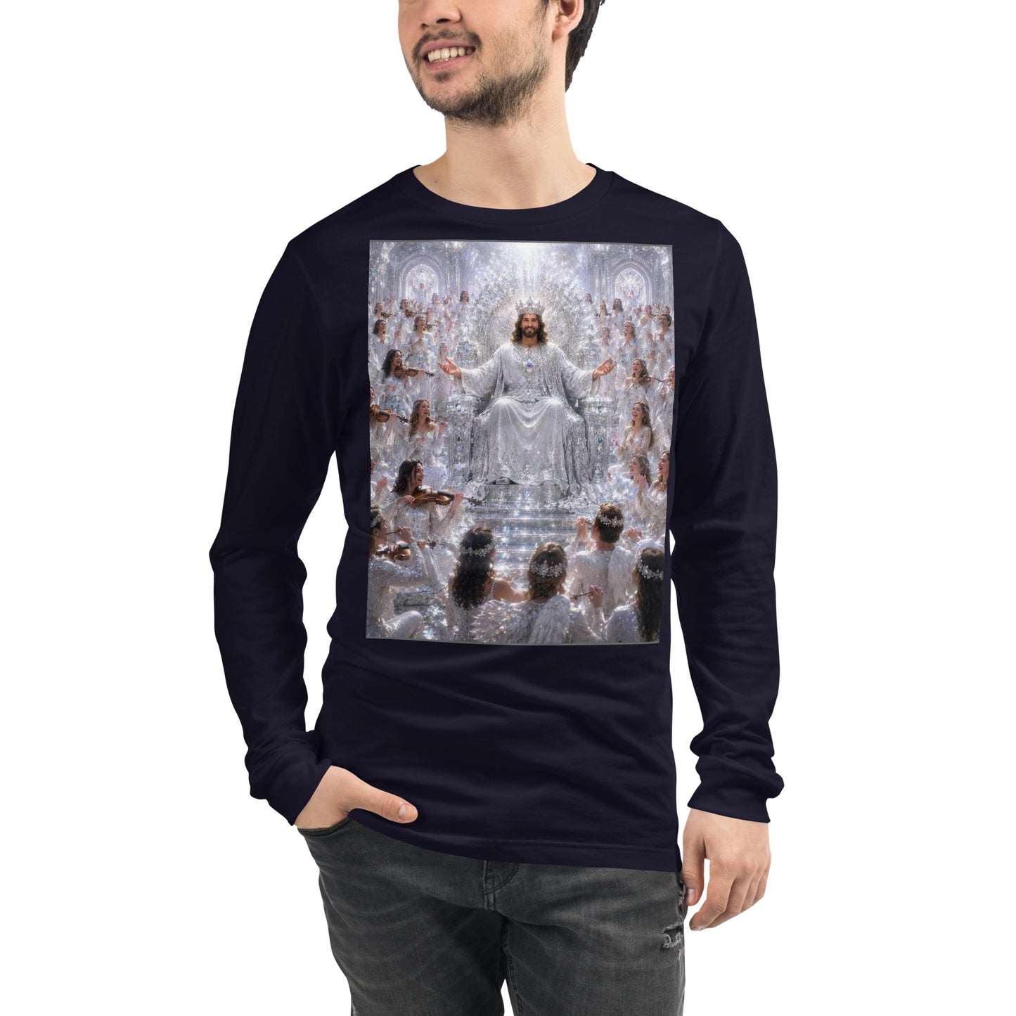 T-shirt unisex a maniche lunghe CORPORATION-86 colore navy, vista frontale, stile casual e comodo.