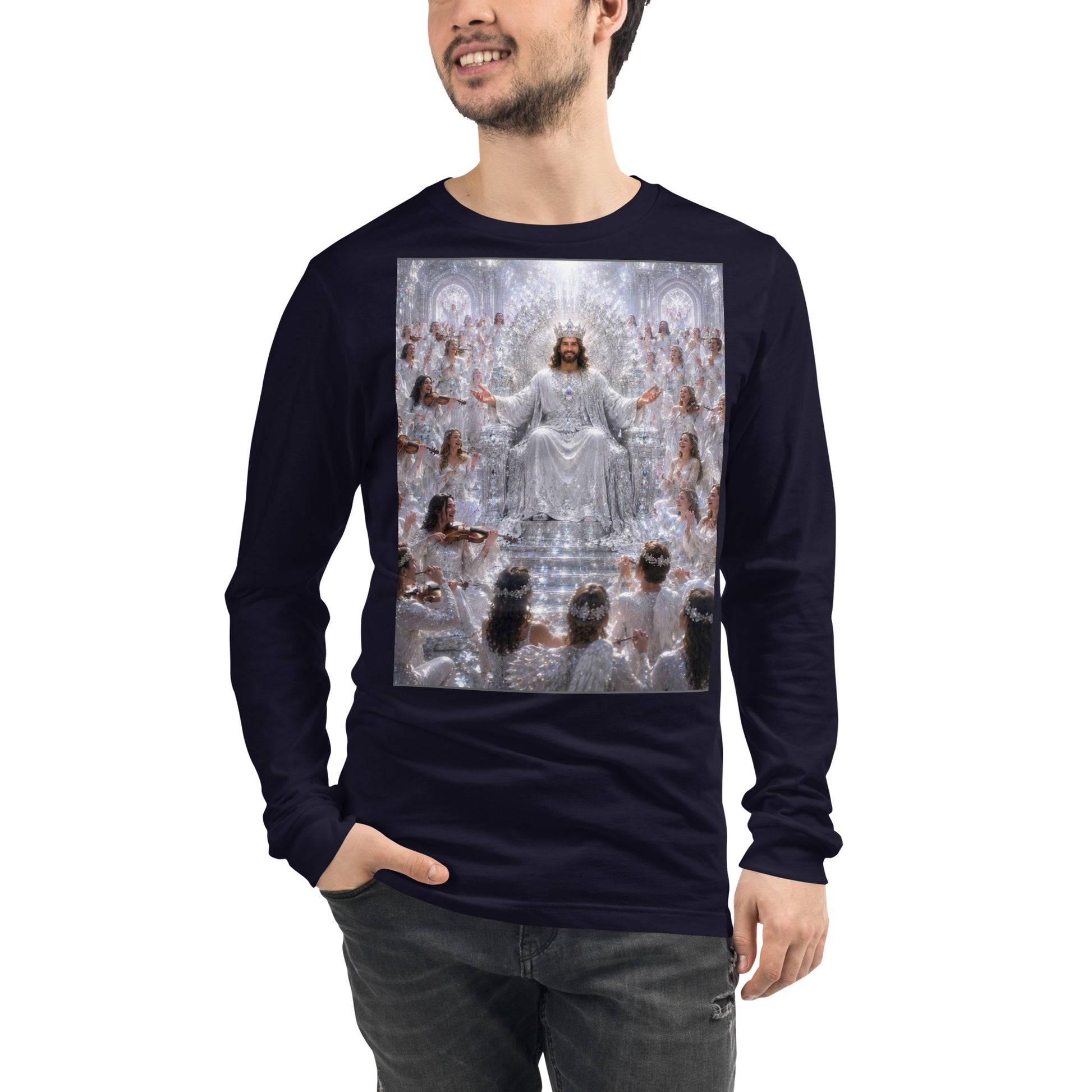 T-shirt unisex a maniche lunghe CORPORATION-86 colore navy, vista frontale, stile casual e comodo.