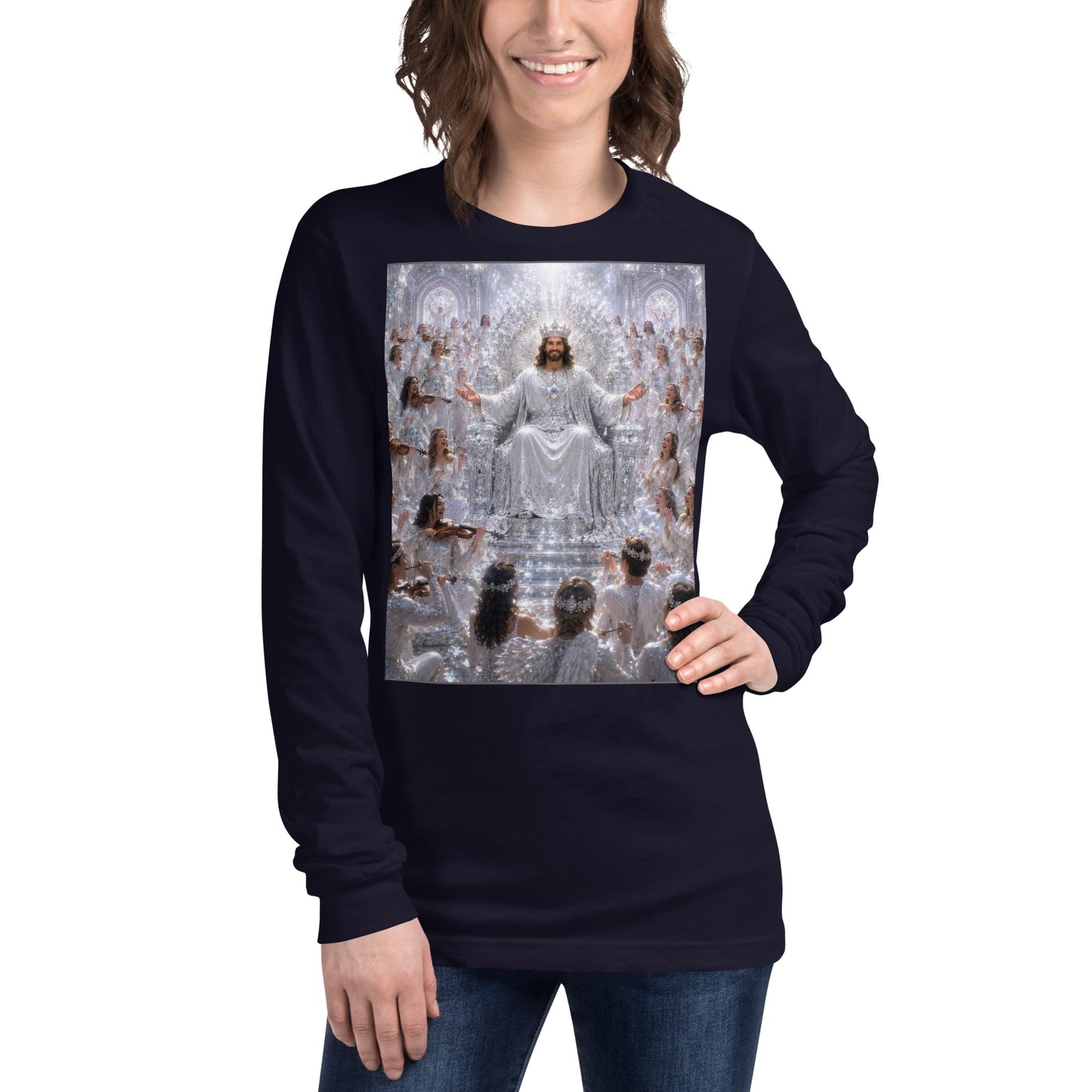T-shirt a maniche lunghe unisex CORPORATION-86 colore blu navy, vista frontale, morbido tessuto e vestibilità comoda.
