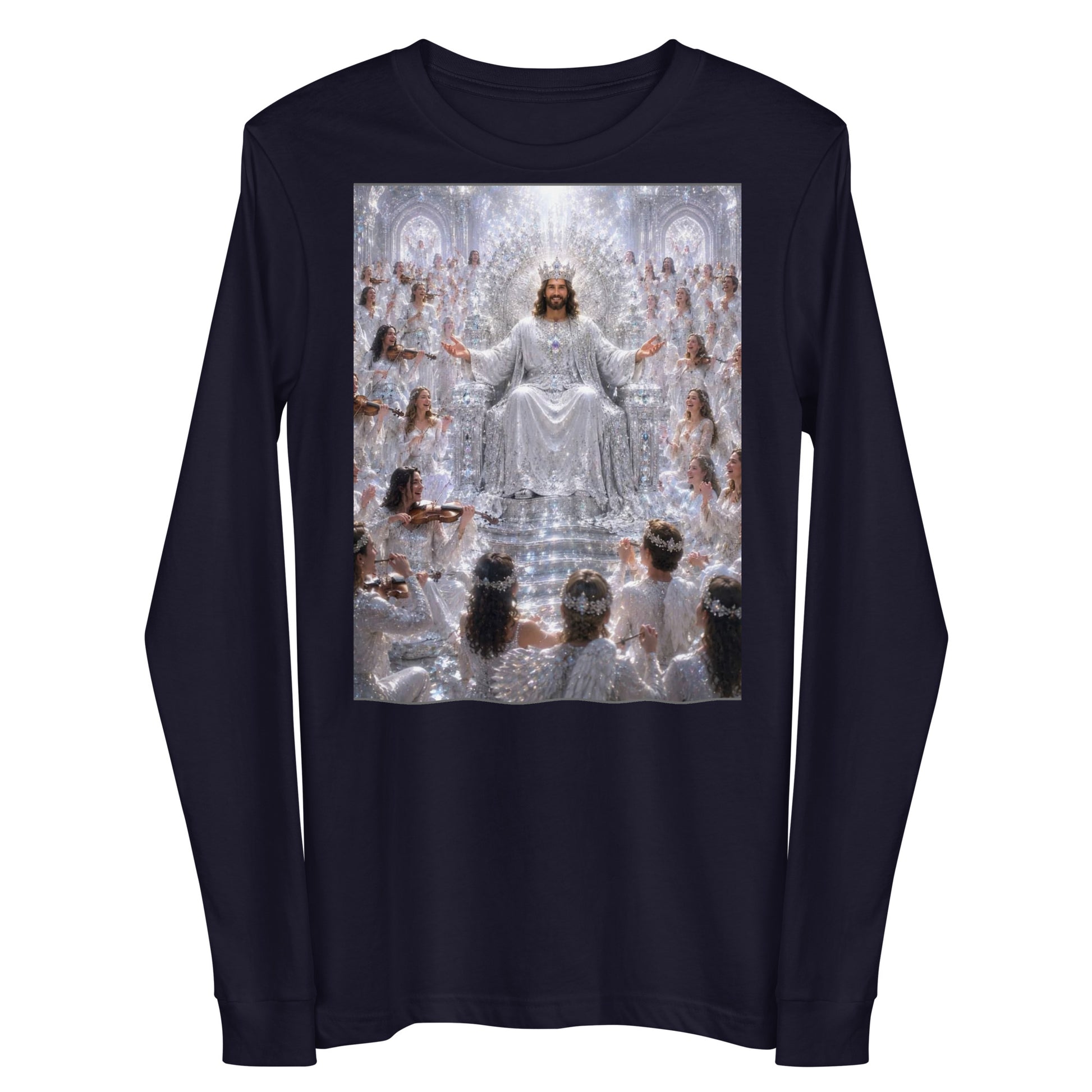 Maglietta unisex a maniche lunghe CORPORATION-86 di colore blu navy, vista frontale, tessuto morbido e comodo.