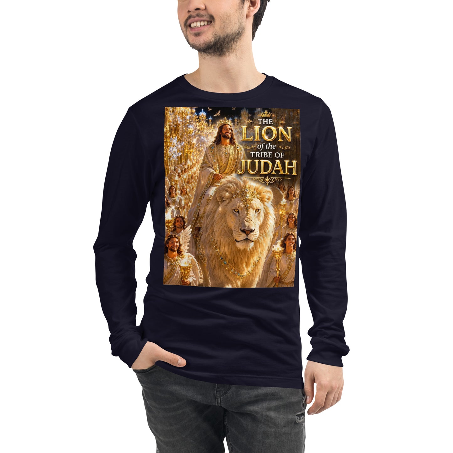 T-shirt unisex a maniche lunghe CORPORATION-86 colore blu navy, vista frontale, tessuto morbido e comodo.