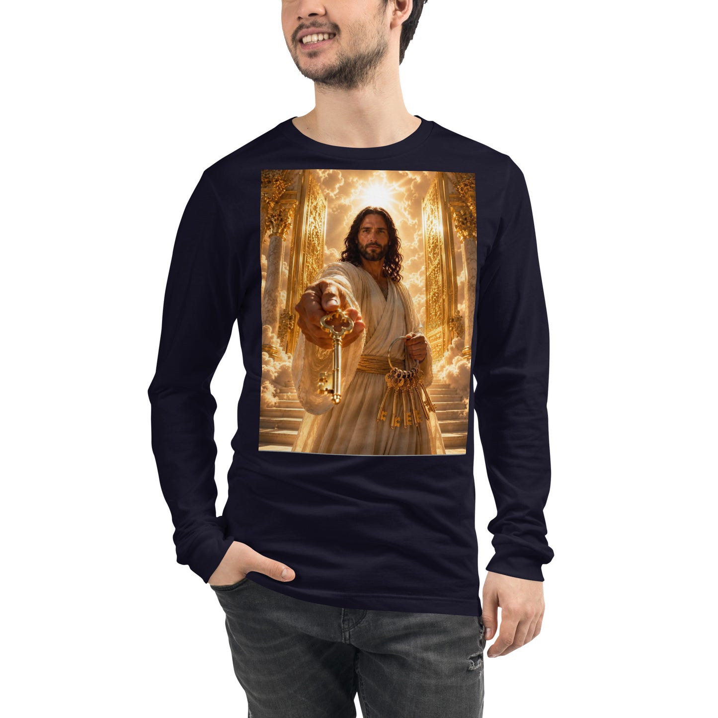 T-shirt unisex a maniche lunghe CORPORATION-86 color blu navy, vista frontale, tessuto morbido e confortevole.