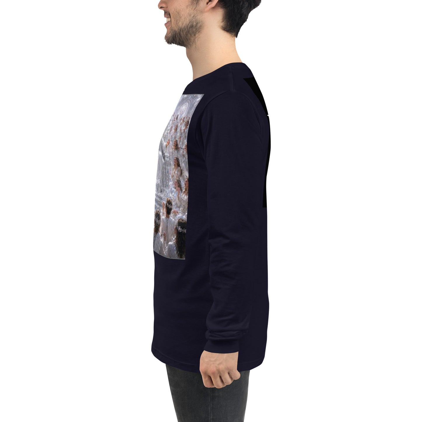 Maglietta unisex a maniche lunghe CORPORATION-86 blu navy, vista frontale con dettagli del design e tessuto morbido.
