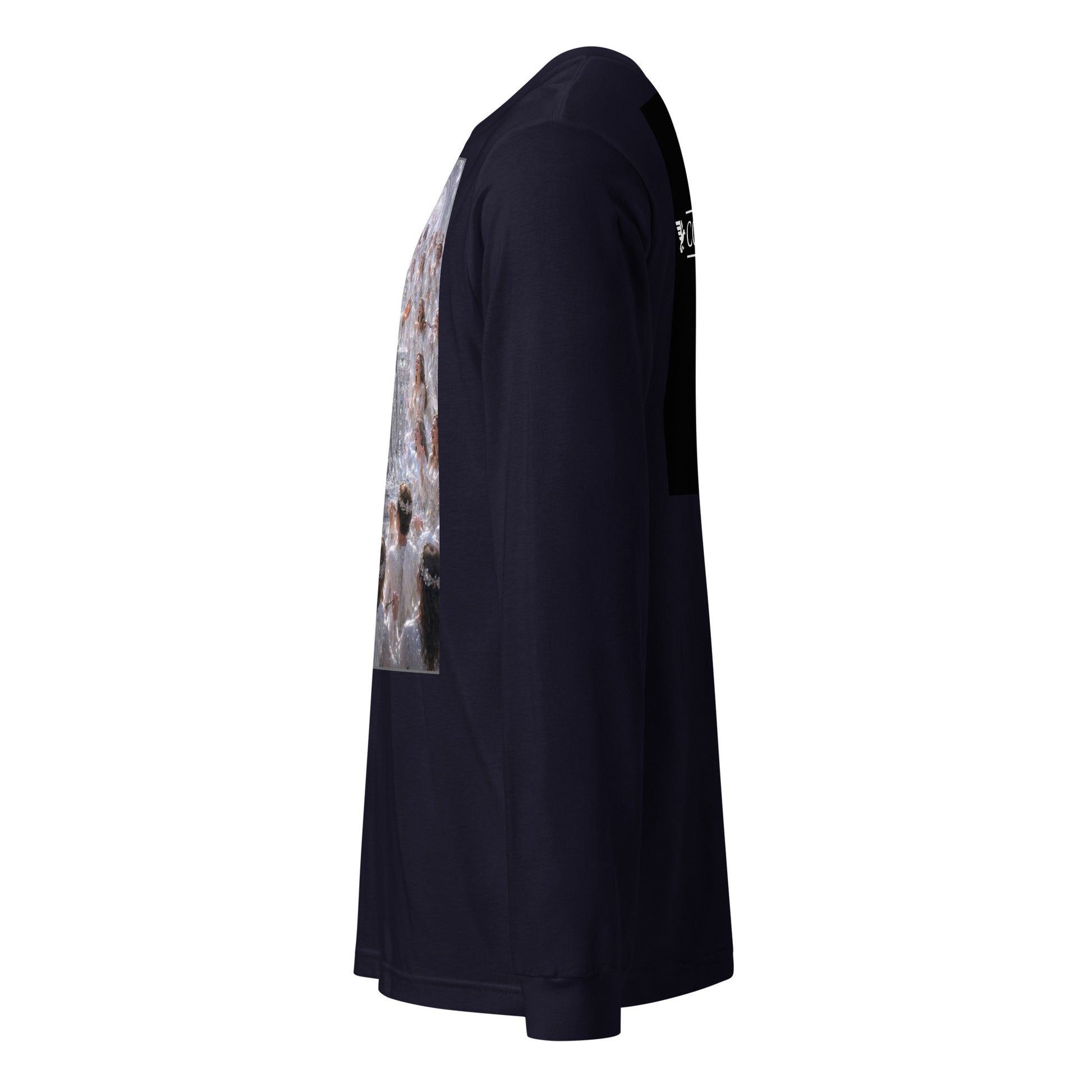 T-shirt a maniche lunghe unisex CORPORATION-86 di colore blu navy, vista frontale con dettaglio a sinistra.