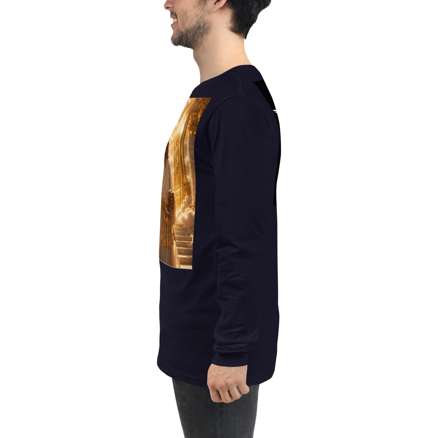 Maglietta unisex a maniche lunghe CORPORATION-86 color navy, vista frontale con dettaglio del tessuto e vestibilità.