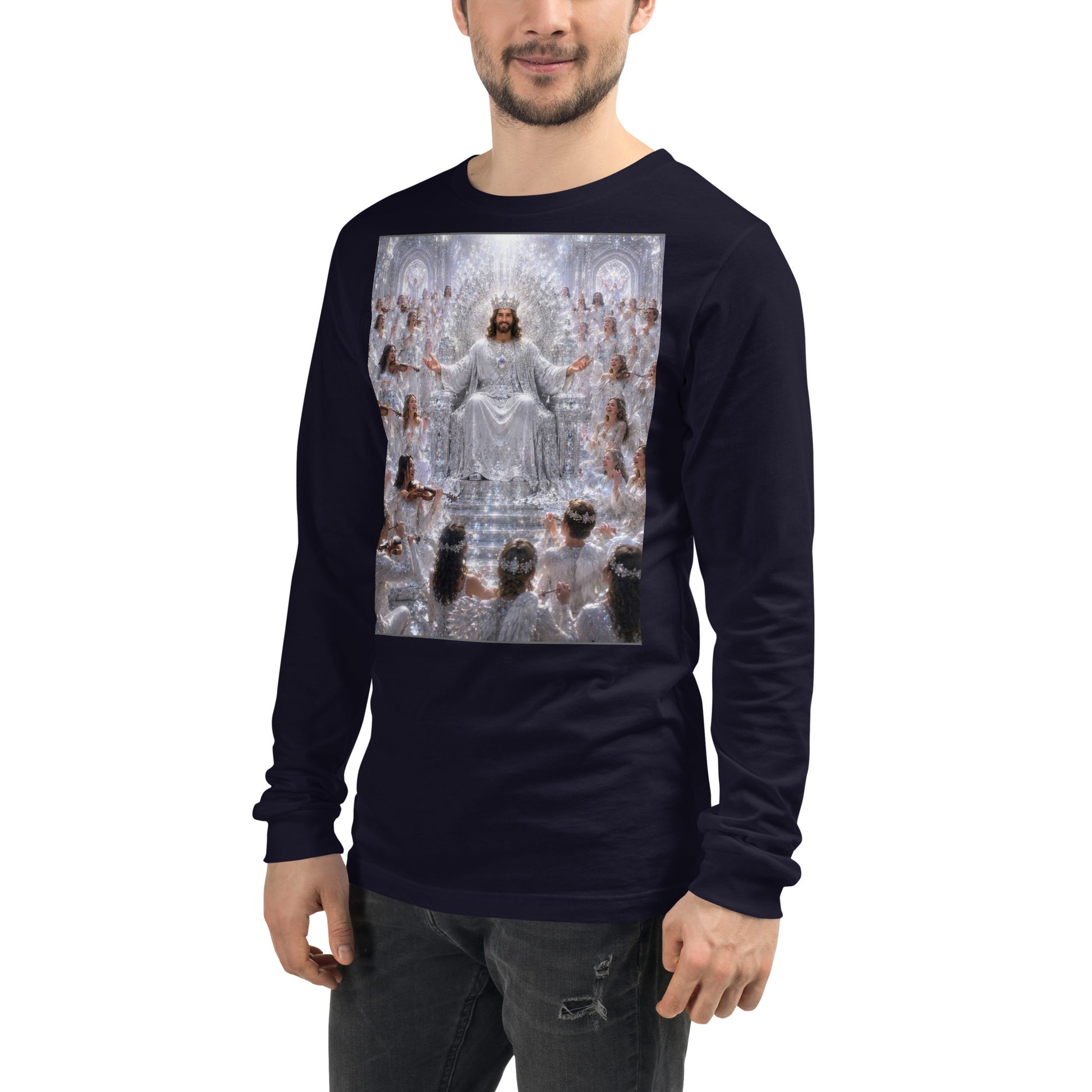 Maglietta unisex a maniche lunghe CORPORATION-86 in blu navy, vista frontale a sinistra, tessuto morbido e comodo.