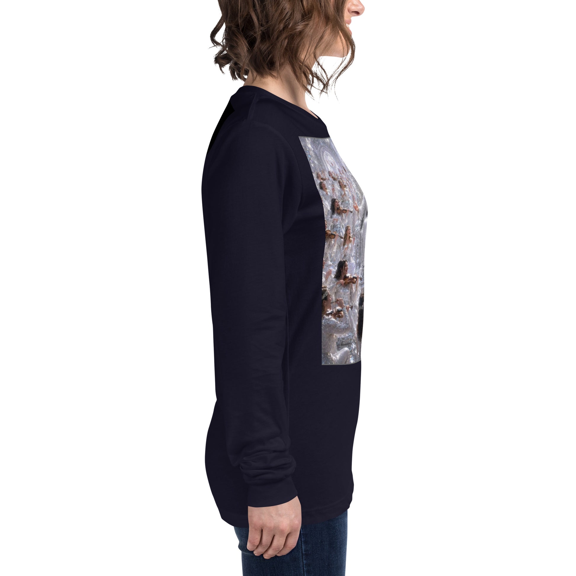 T-shirt unisex a maniche lunghe CORPORATION-86 colore blu navy, vista laterale con dettaglio del tessuto.
