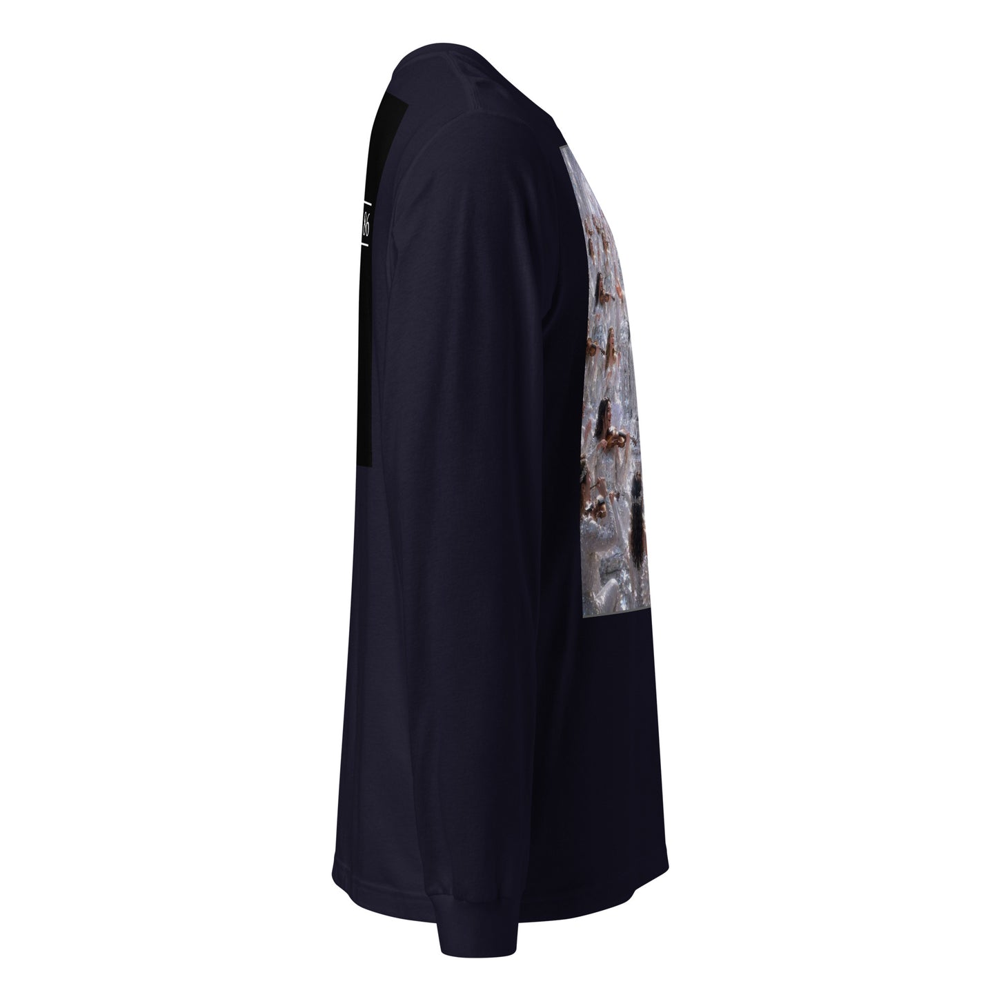 Maglietta unisex a maniche lunghe CORPORATION-86 di colore blu navy, vista frontale su sfondo neutro.