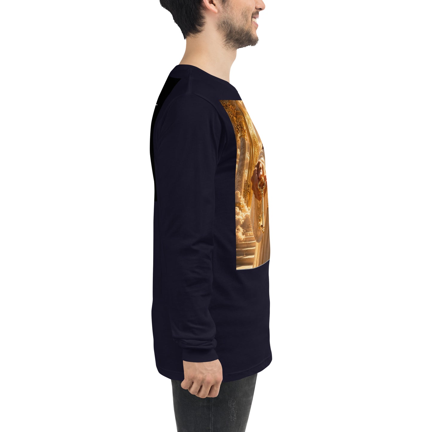 Maglietta unisex a maniche lunghe CORPORATION-86 in blu navy, vista laterale con dettagli del tessuto e vestibilità comoda