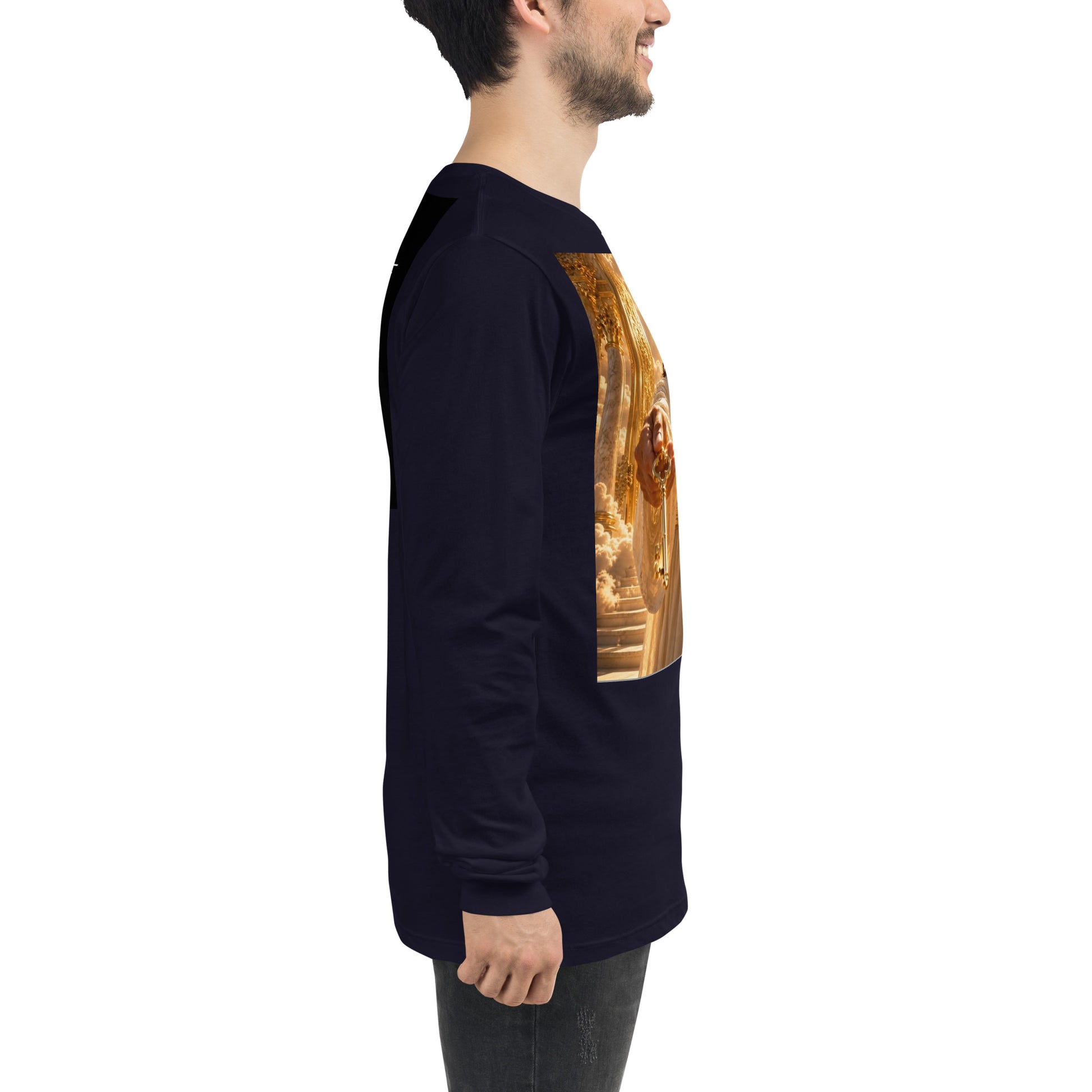 Maglietta unisex a maniche lunghe CORPORATION-86 in blu navy, vista laterale con dettagli del tessuto e vestibilità comoda