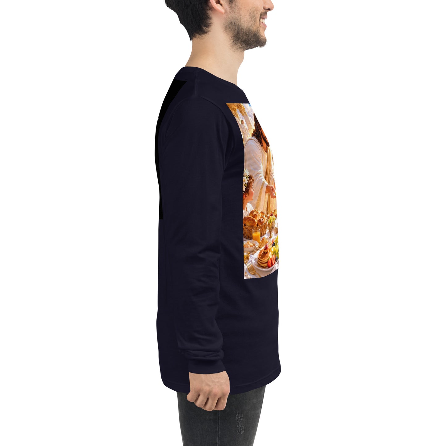 T-shirt unisex a maniche lunghe CORPORATION-86 di colore blu navy, vista laterale.