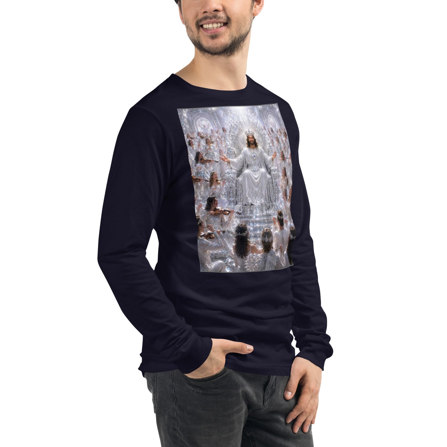 T-shirt unisex a maniche lunghe CORPORATION-86, colore blu navy, vista frontale sul lato destro.
