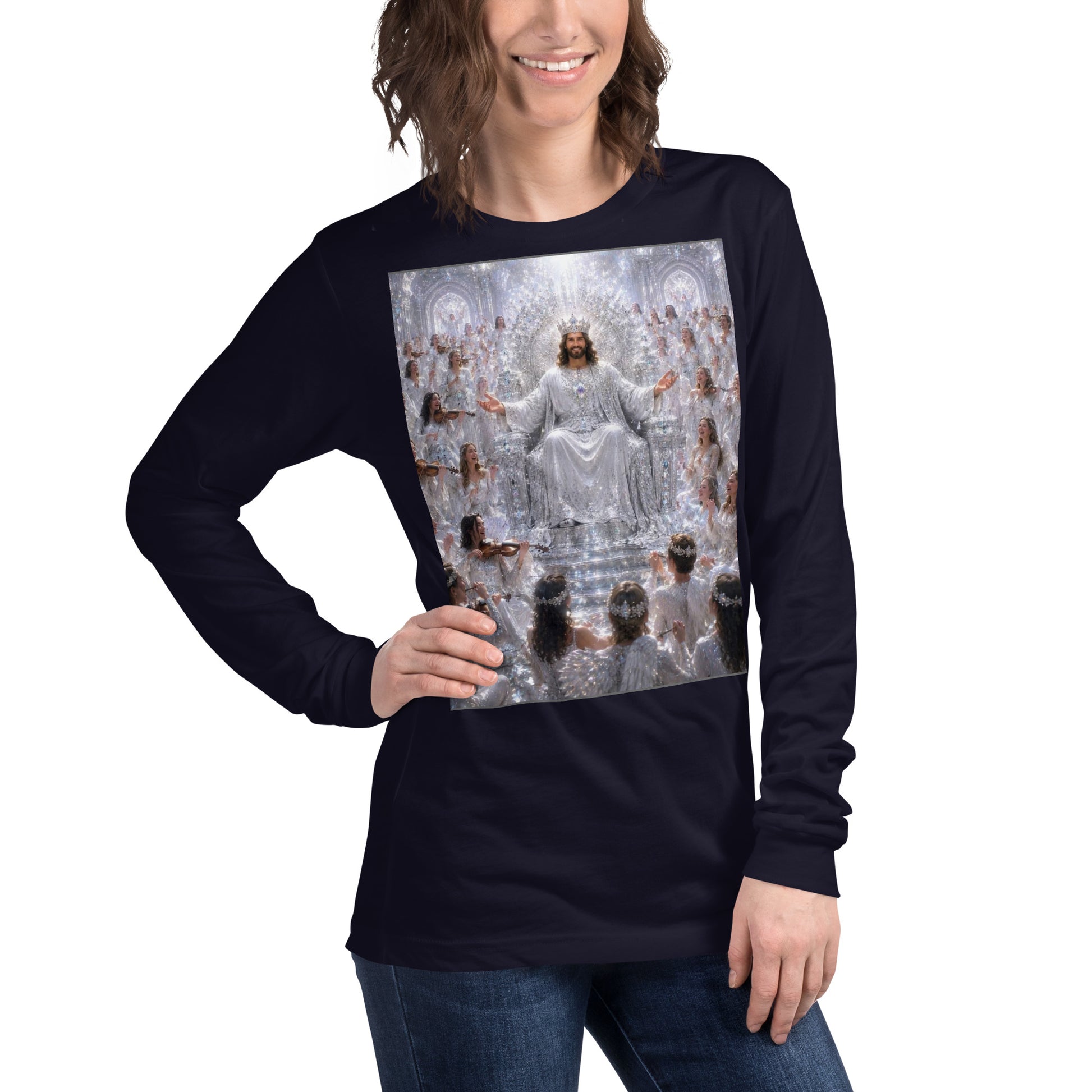 T-shirt unisex a maniche lunghe CORPORATION-86, colore blu navy, vista frontale destra con dettagli visibili.