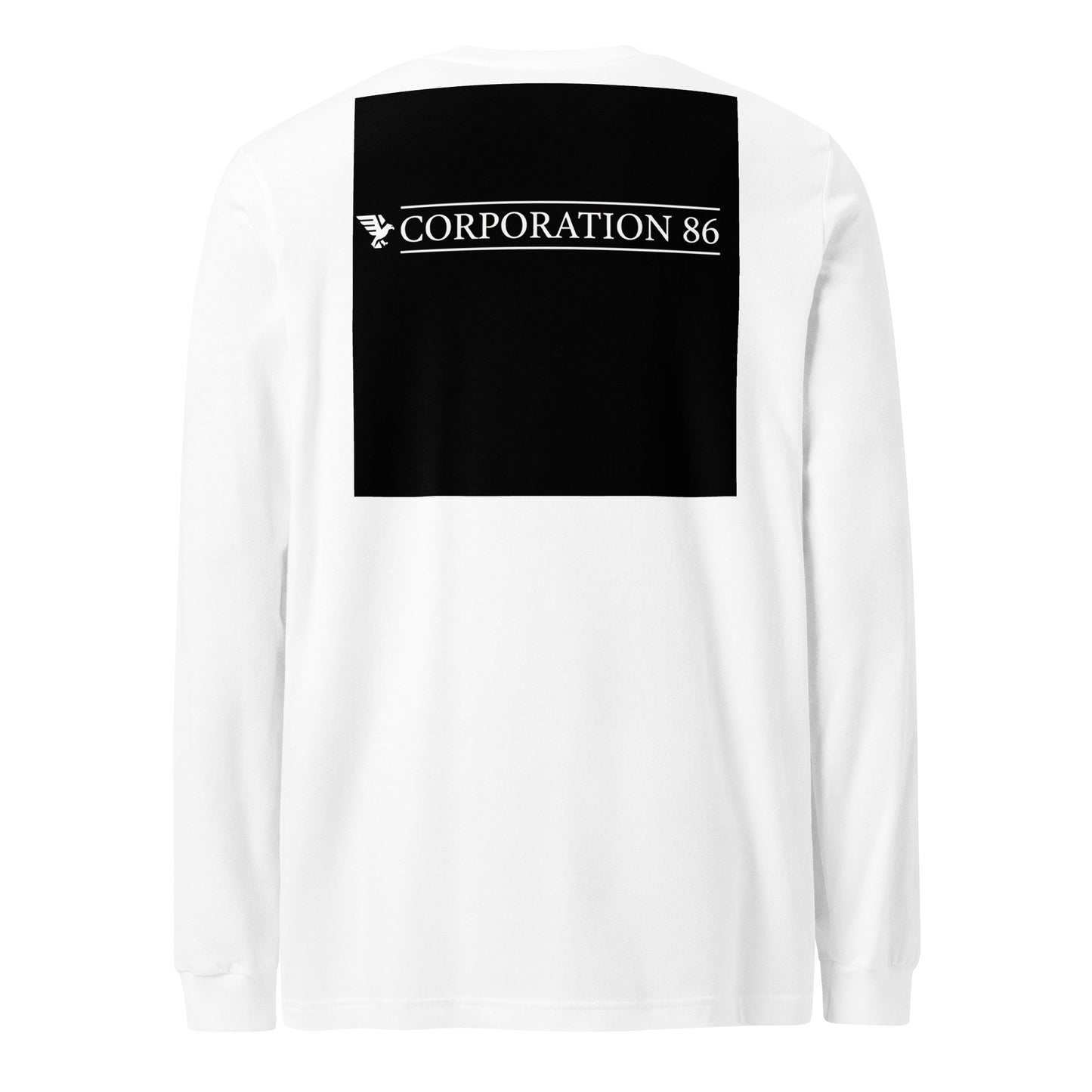 Maglietta unisex a maniche lunghe CORPORATION-86 di colore bianco, vista posteriore, tessuto morbido e comodo.