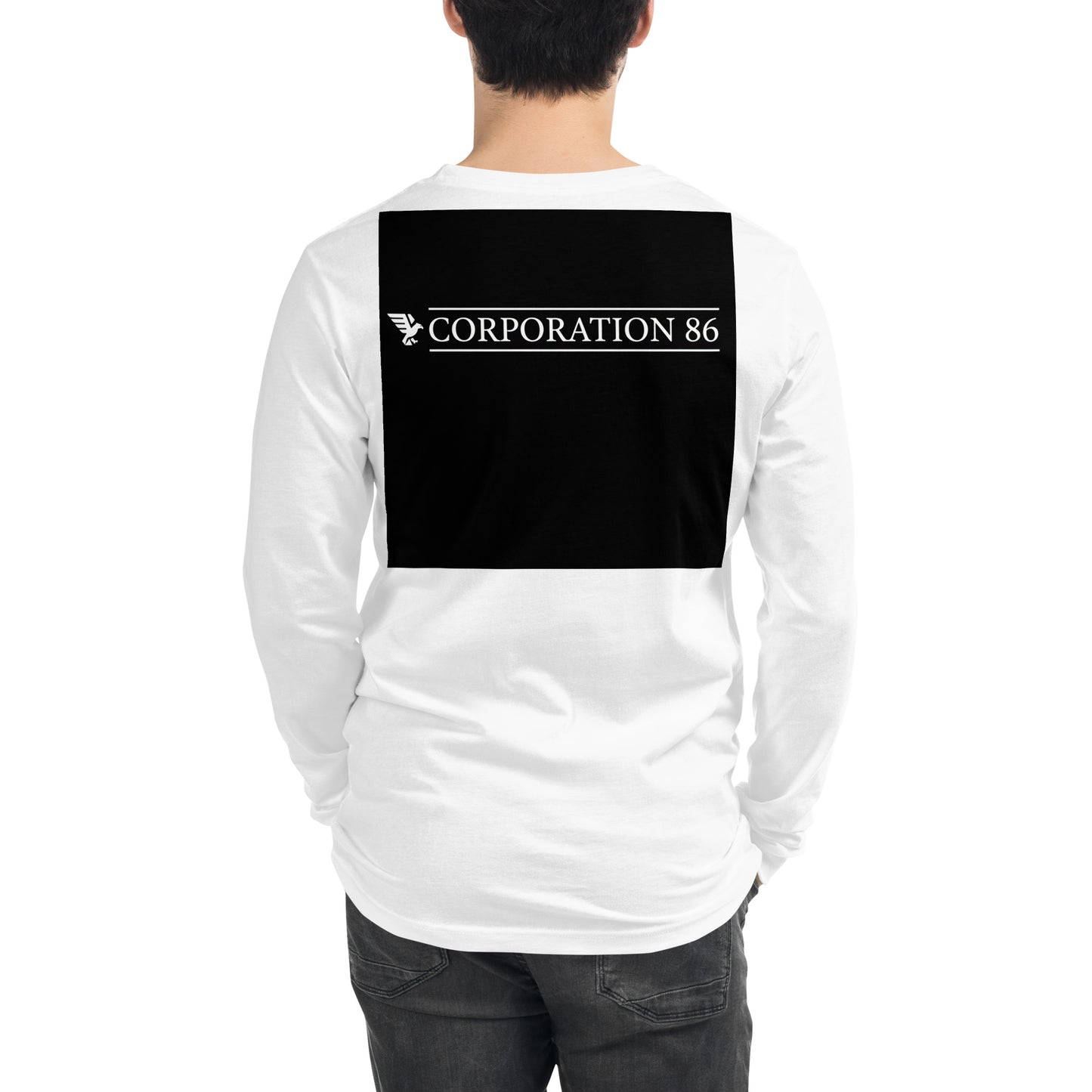 T-shirt unisex a maniche lunghe bianco di CORPORATION-86, vista posteriore, tessuto morbido e comodo.