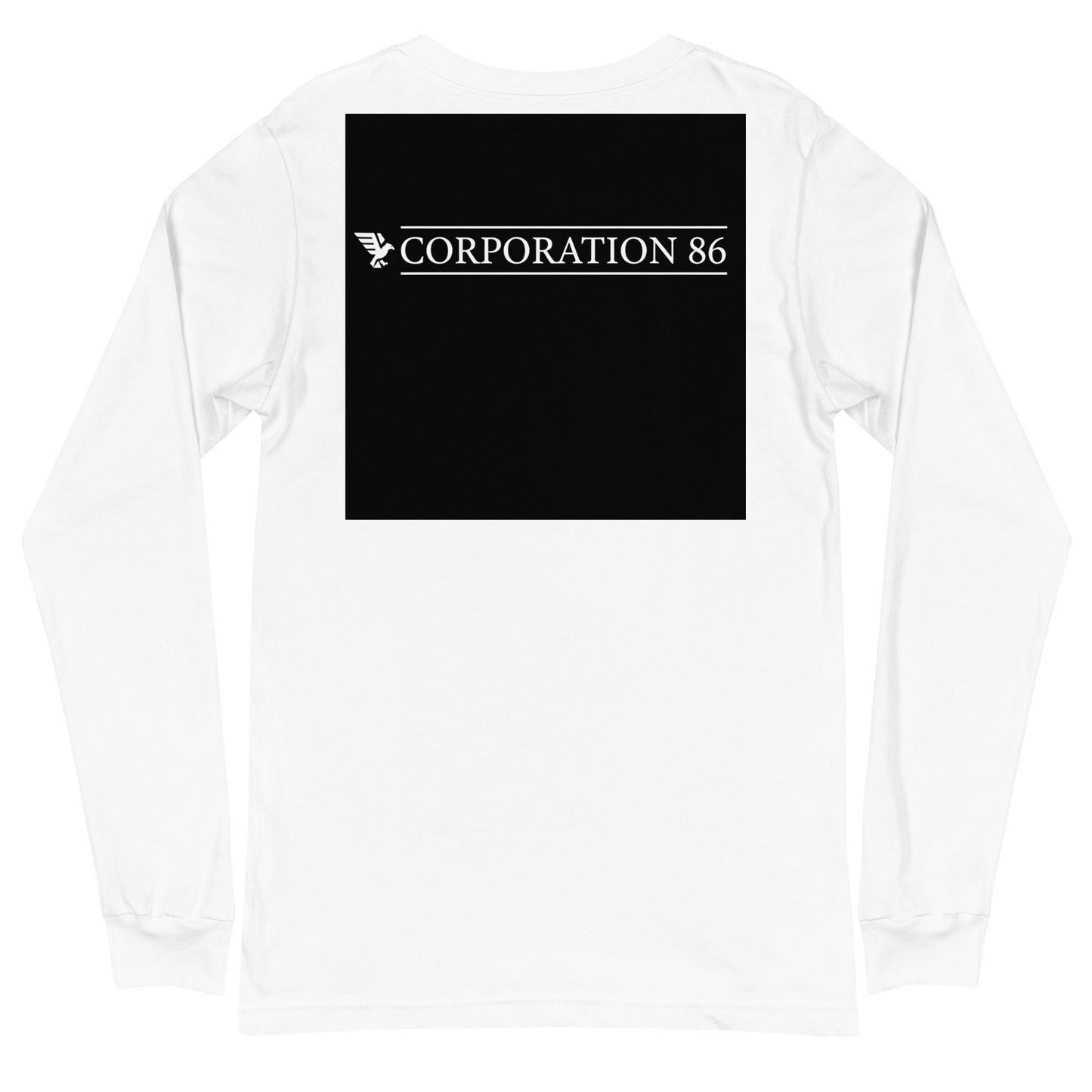 Maglietta unisex a maniche lunghe CORPORATION-86 bianca vista da dietro, tessuto morbido e comodo, stile casual e versatile