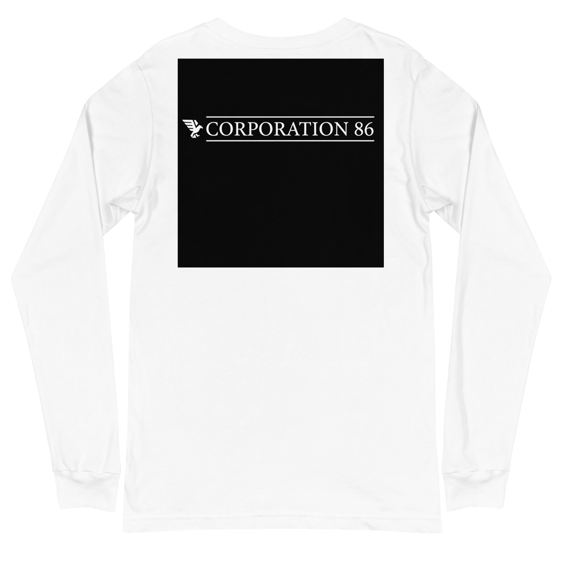 Maglietta unisex a maniche lunghe CORPORATION-86 bianca vista da dietro, tessuto morbido e comodo, stile casual e versatile