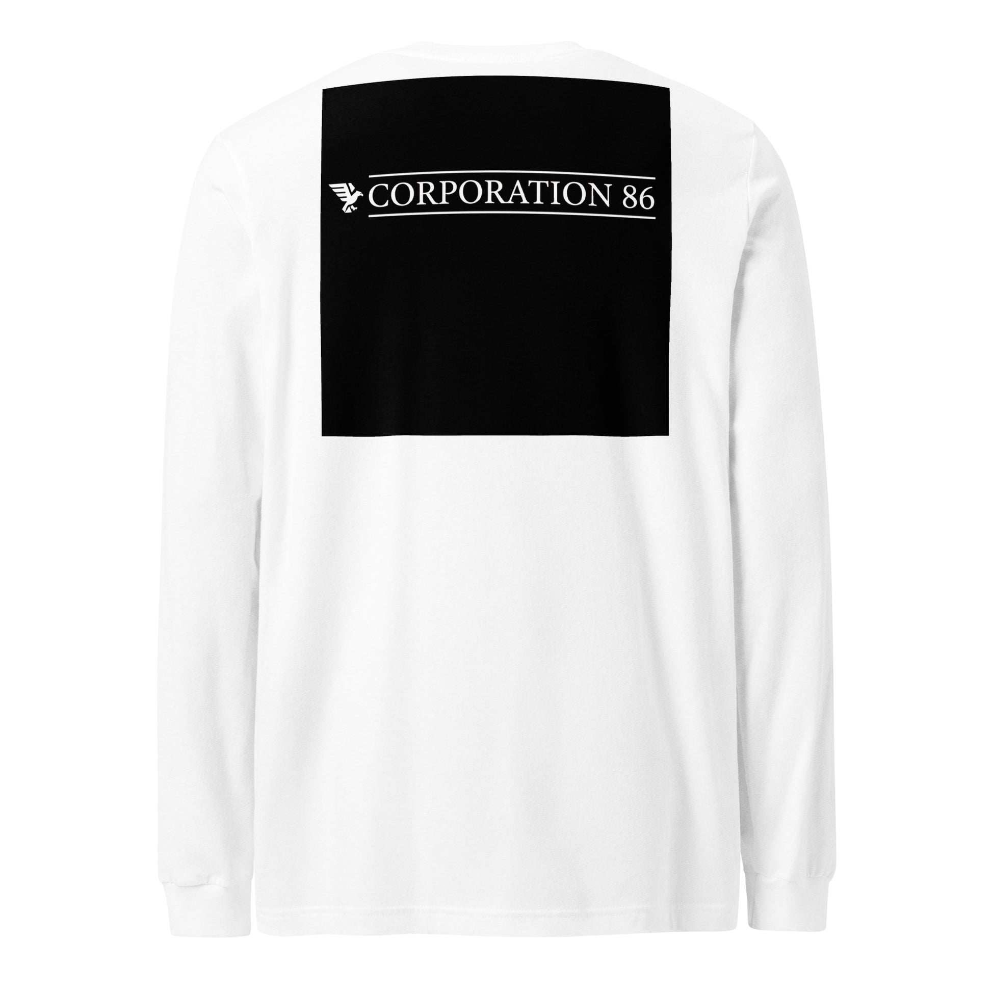 T-shirt unisex a maniche lunghe bianco di CORPORATION-86, vista posteriore, tessuto morbido e comodo.
