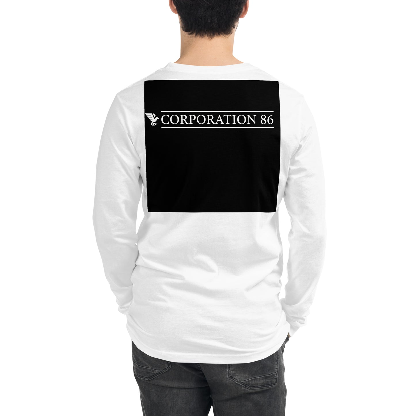 Maglietta unisex a maniche lunghe CORPORATION-86 bianca vista da dietro, tessuto morbido e comodo per uso quotidiano.