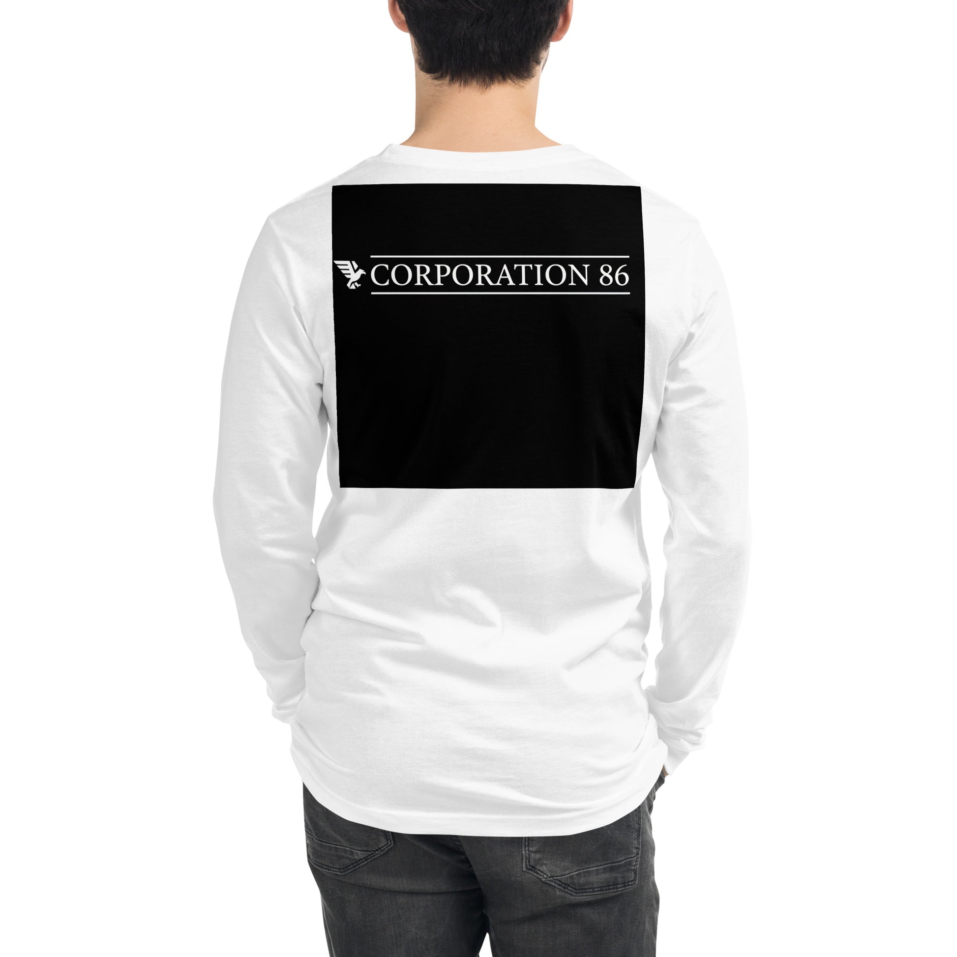 Maglietta unisex a maniche lunghe CORPORATION-86 bianca vista da dietro, tessuto morbido e comodo per uso quotidiano.