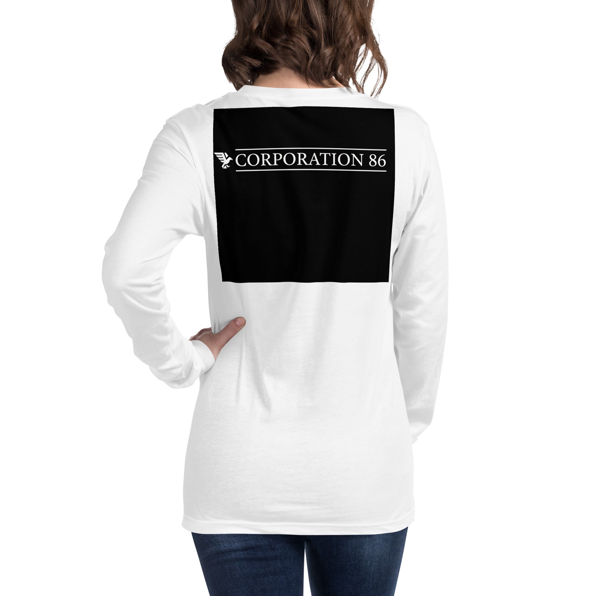 T-shirt unisex a maniche lunghe bianco CORPORATION-86, vista posteriore, tessuto morbido e comodo.