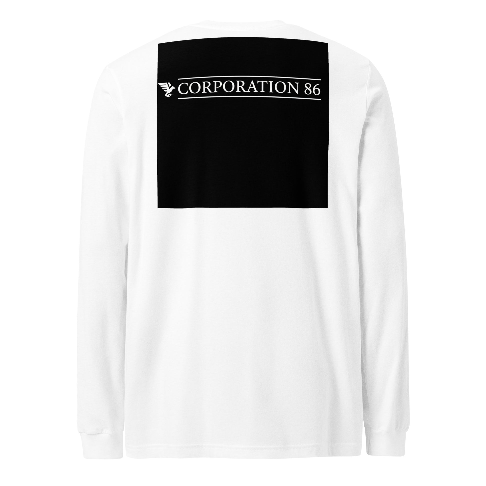T-shirt unisex a maniche lunghe bianco di CORPORATION-86 visto da dietro, tessuto morbido e comodo.