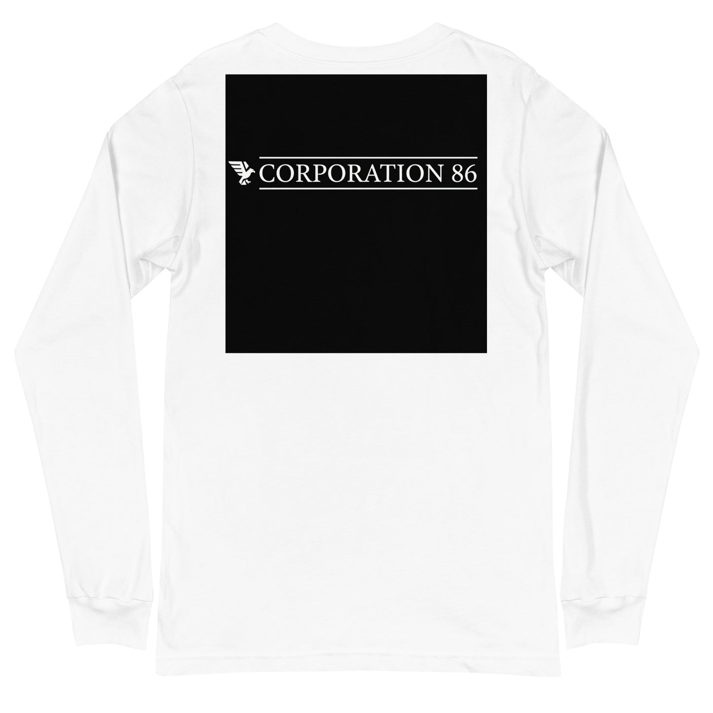 T-shirt unisex a maniche lunghe bianco CORPORATION-86, vista posteriore, tessuto morbido e comodo.