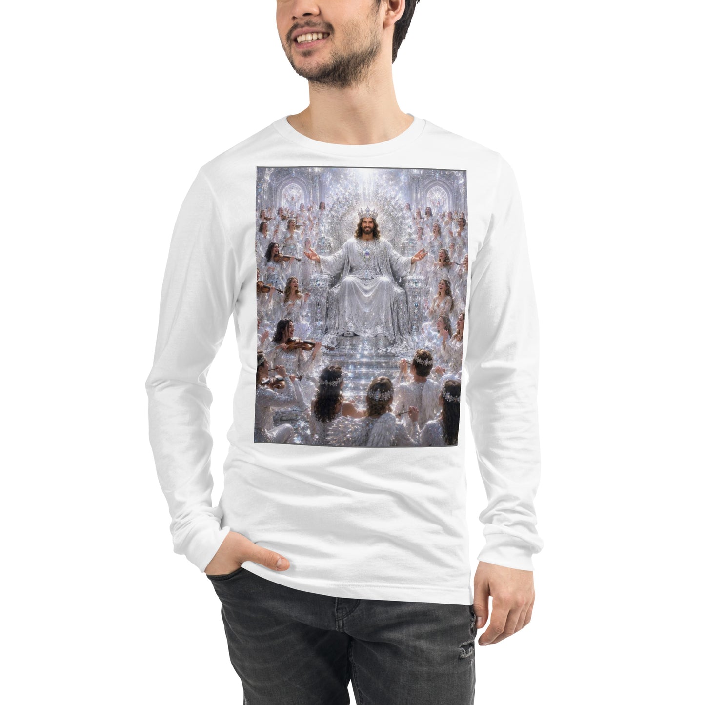 T-shirt unisex a maniche lunghe bianco CORPORATION-86 vista frontale, tessuto morbido e comodo.