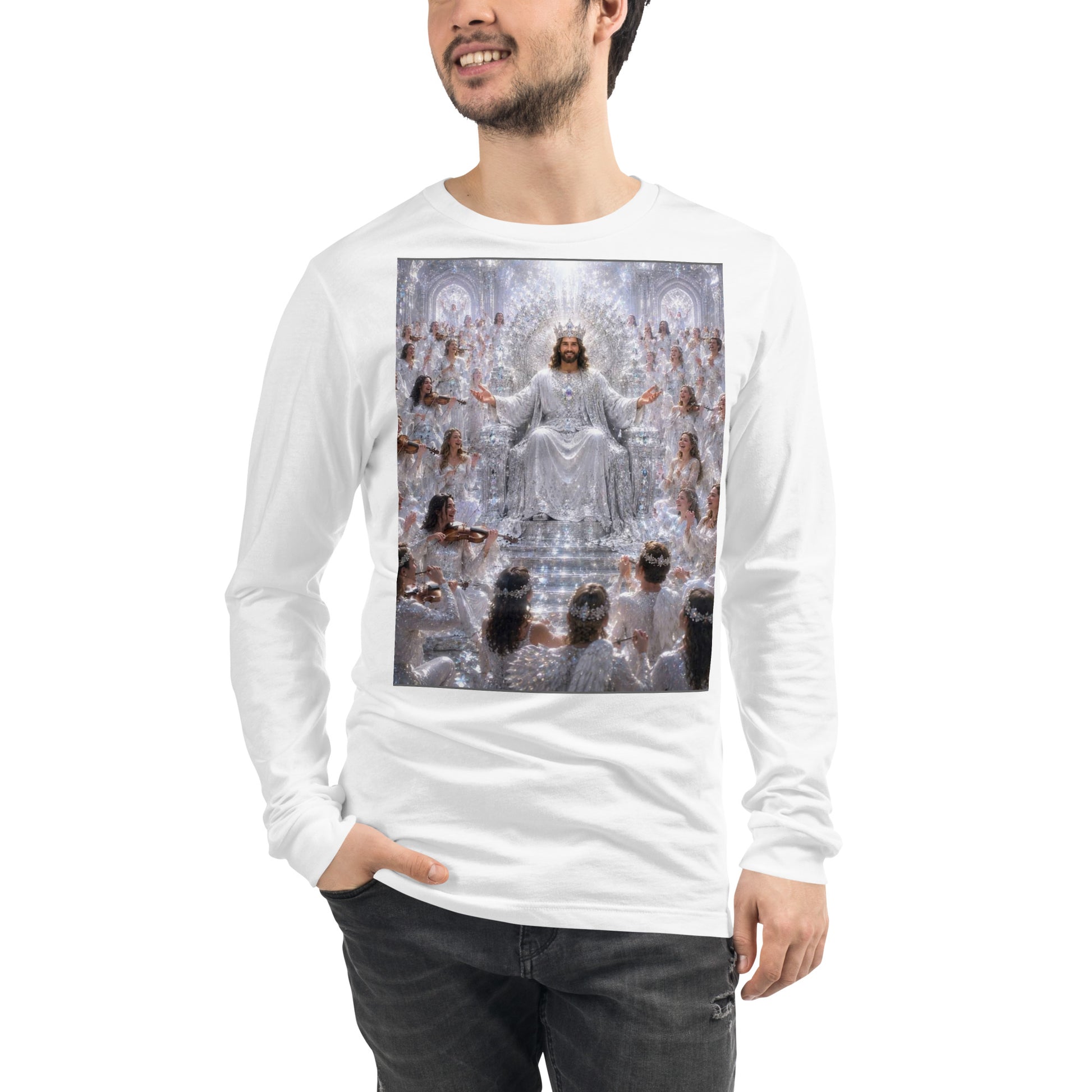 T-shirt unisex a maniche lunghe bianco CORPORATION-86 vista frontale, tessuto morbido e comodo.