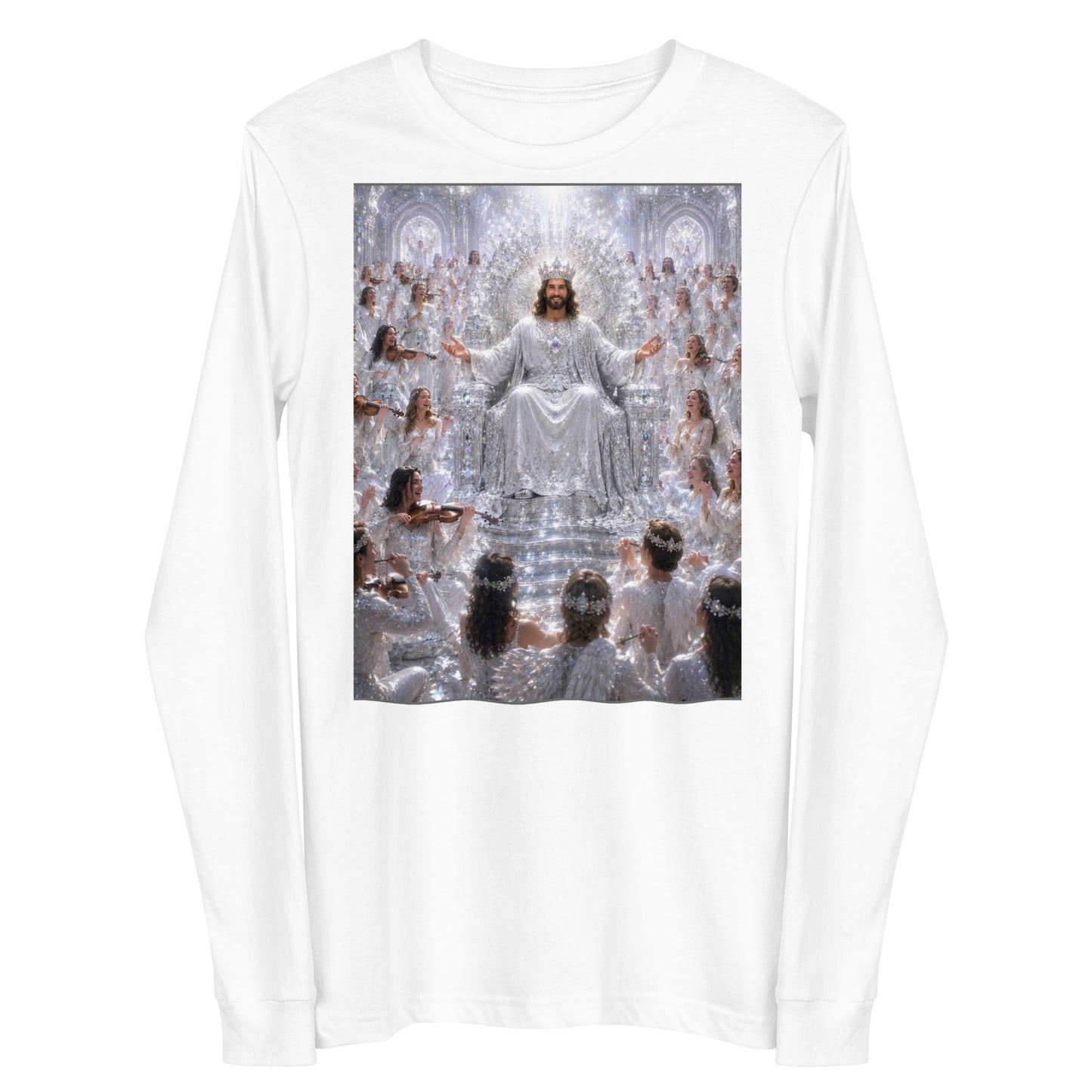 T-shirt unisex a maniche lunghe bianca di CORPORATION-86, vista frontale, morbido tessuto e design semplice.