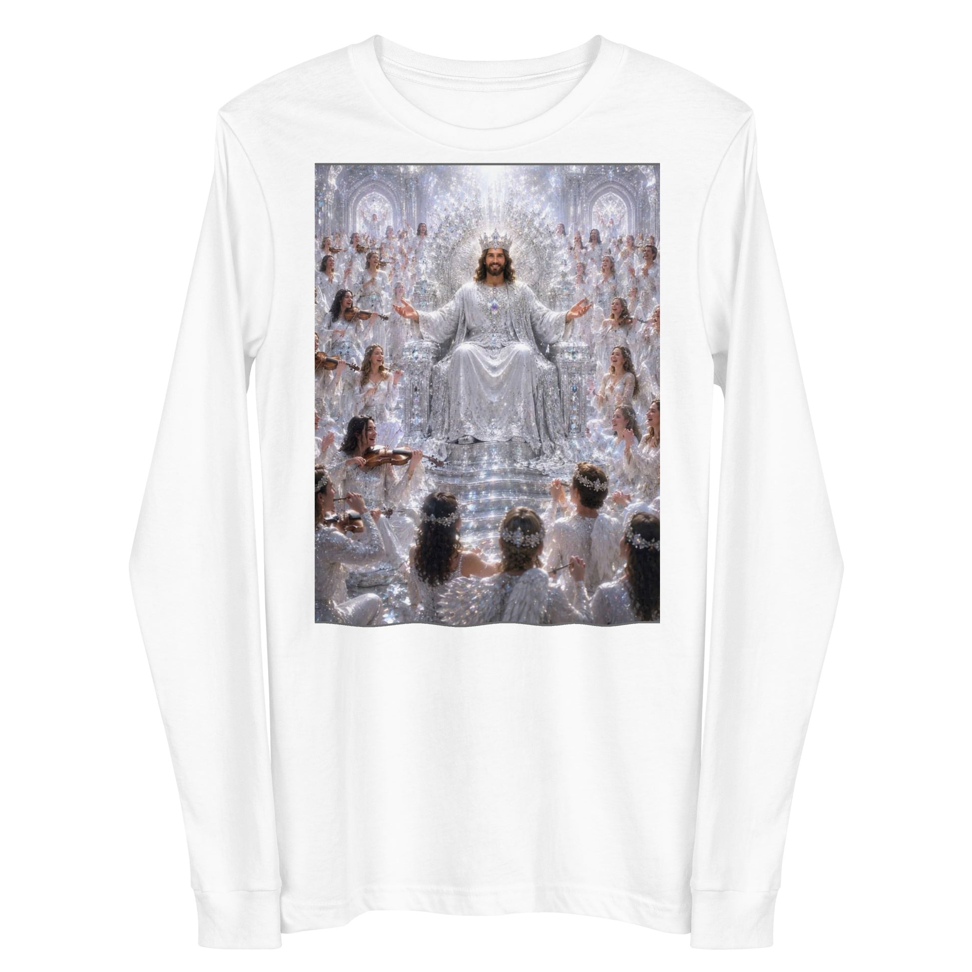 T-shirt unisex a maniche lunghe bianca di CORPORATION-86, vista frontale, morbido tessuto e design semplice.